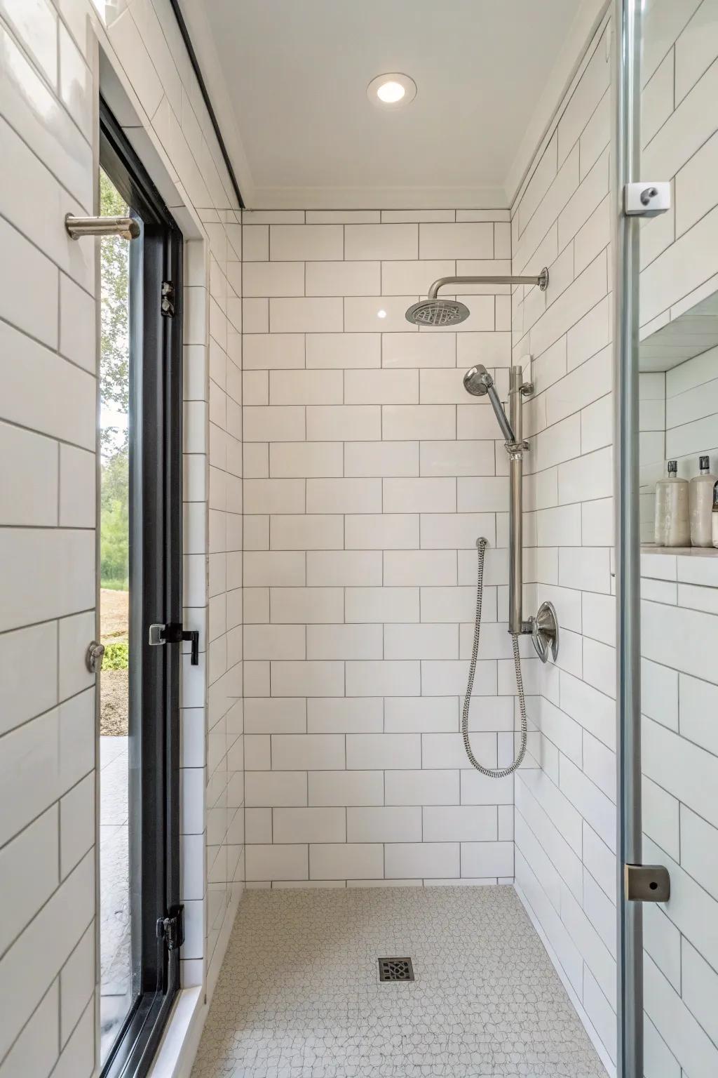 A minimalist shower featuring clean lines and white tiling.