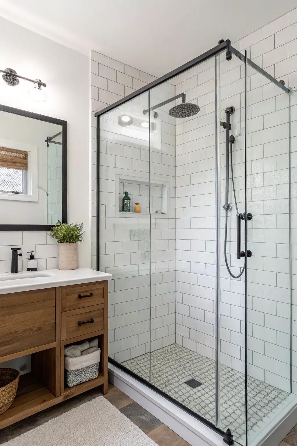 This contemporary bathroom is enhanced by a minimalist frameless glass shower enclosure.