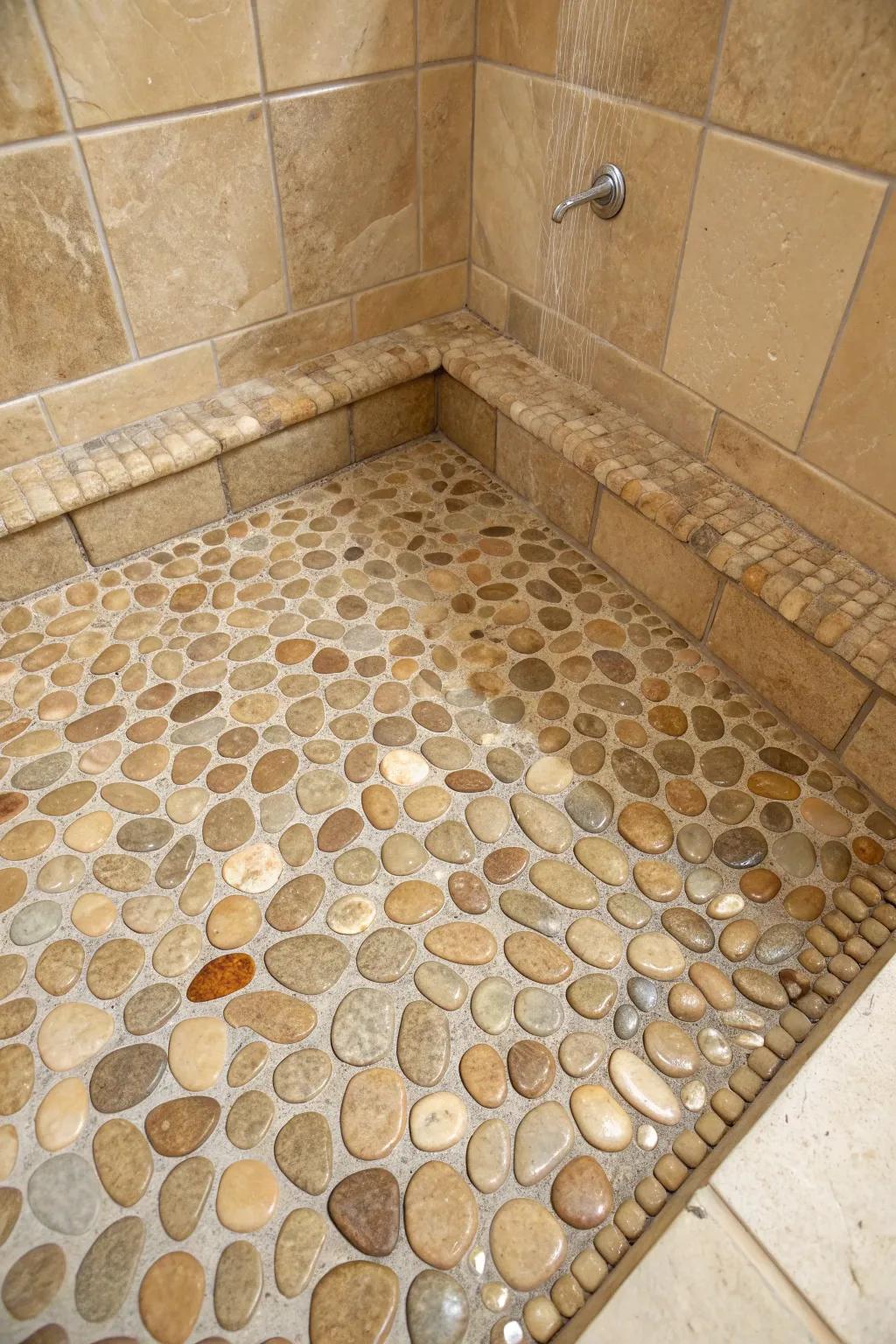 Cobblestone tiles create a comforting, spa-inspired atmosphere in your shower.
