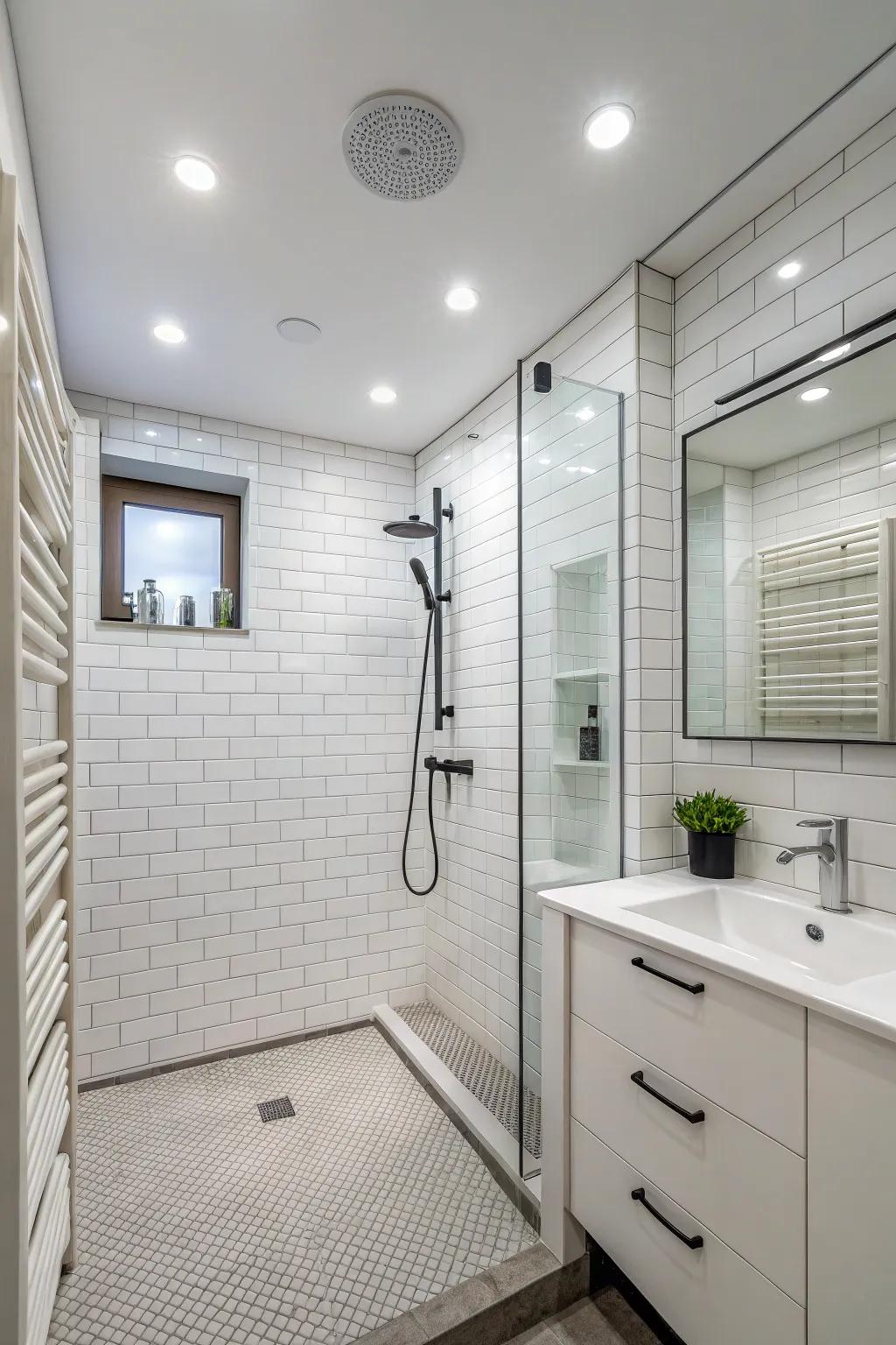 Built-in lights add a simple, modern look to your shower space.