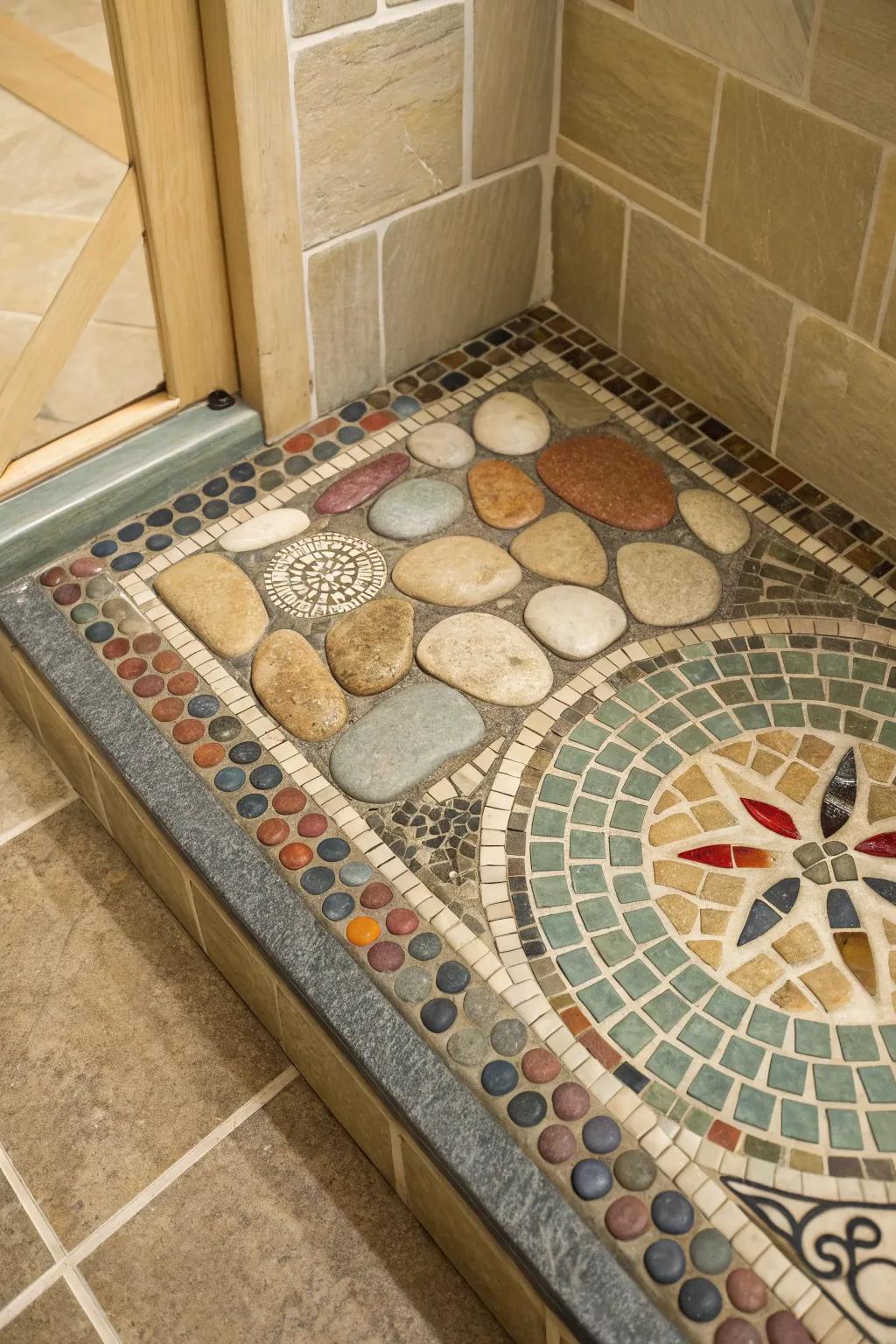 A shower base showcases a harmonious blend of mosaic and pebble tiles, offering a naturally textured and visually pleasing surface.