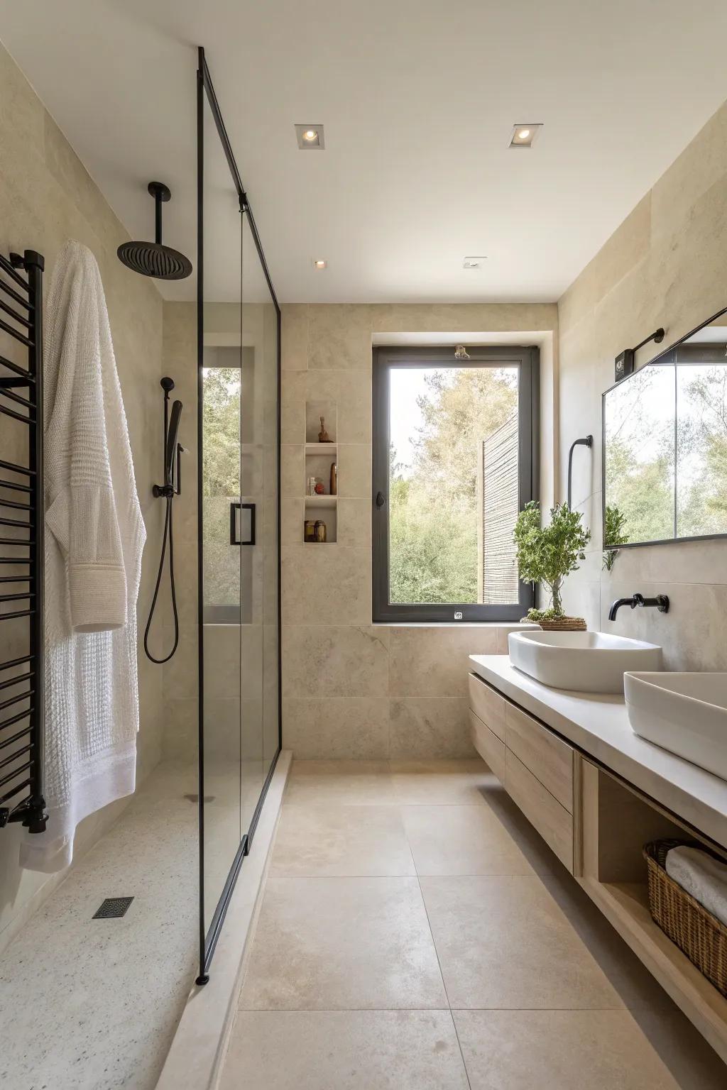 A minimalist shower room displaying crisp lines and a soothing color palette.