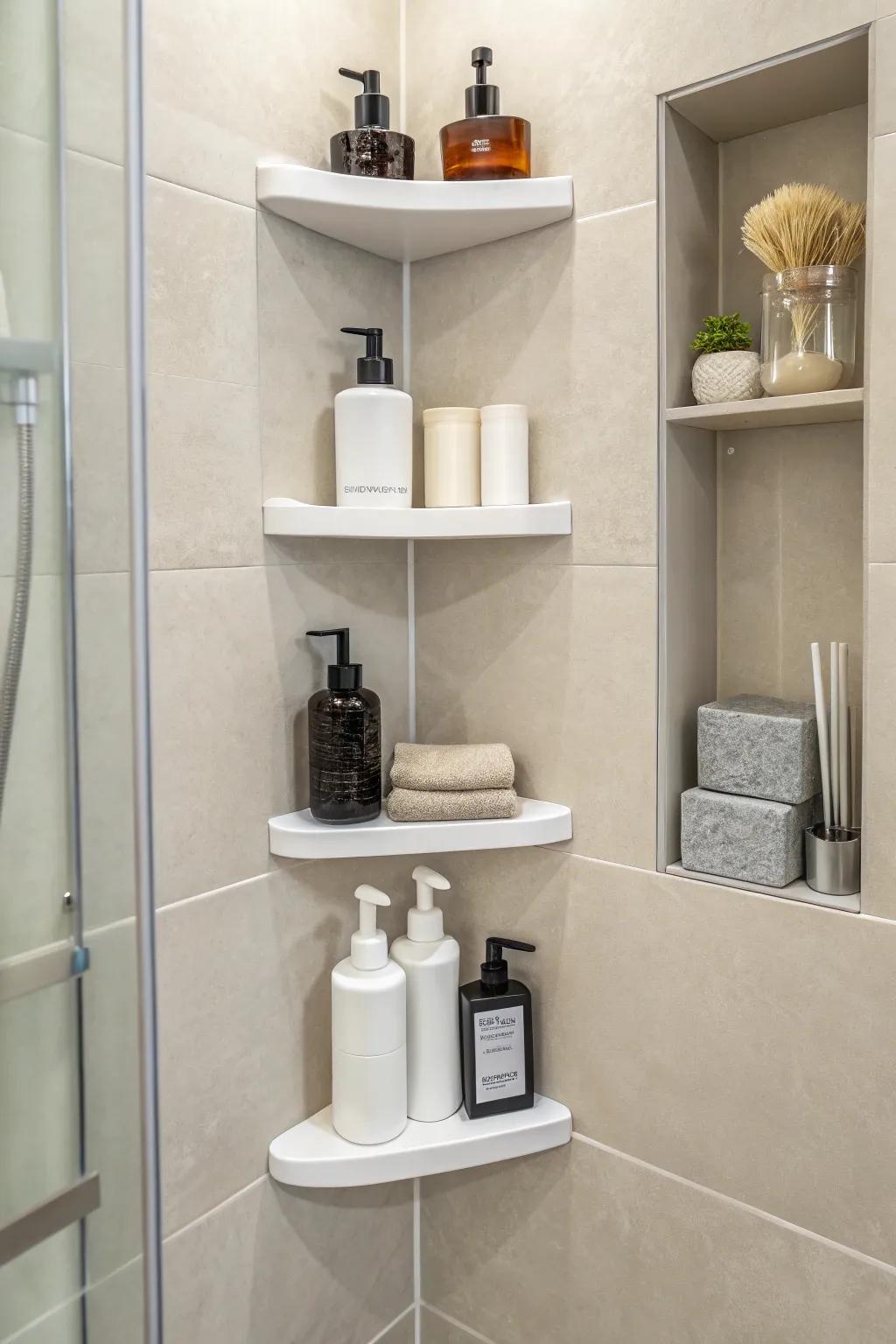 Angle shelves capitalize on untapped space within the shower area.