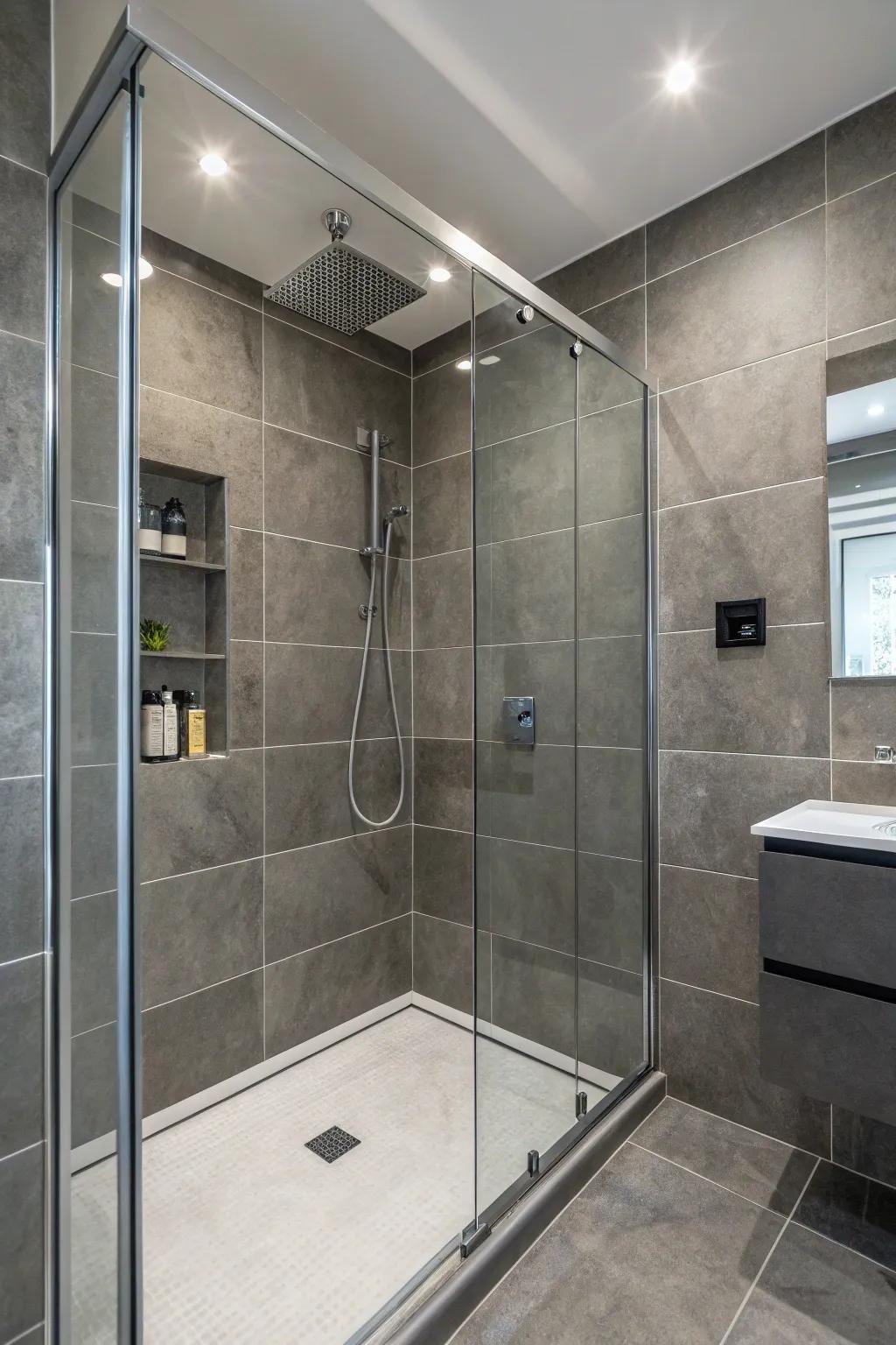 Refined pewter tone facade to accomplish a current shower look.