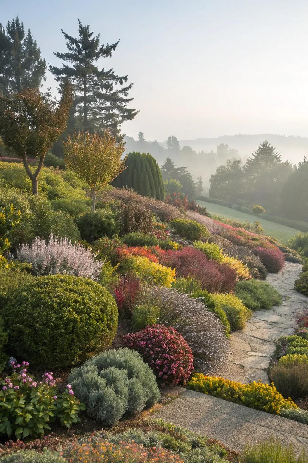 A garden showcasing the art of layered planting with diverse shrub heights and colors.