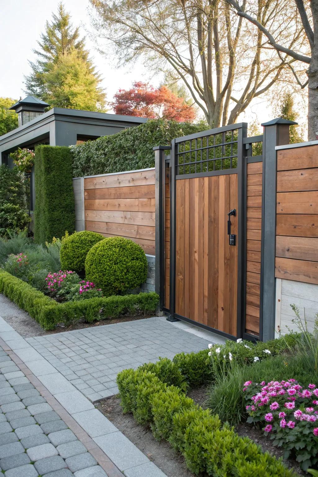 A side gate where wood and metal are beautifully combined for a streamlined appearance.