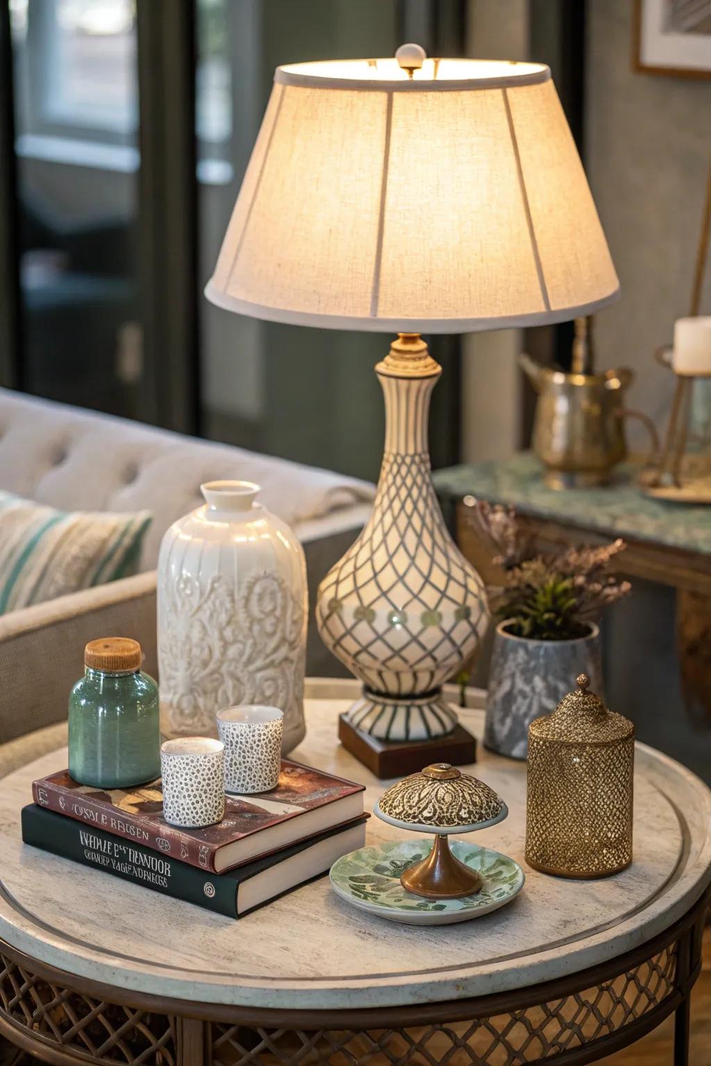 A side table adorned with a unique table illuminator and sophisticated decorations.