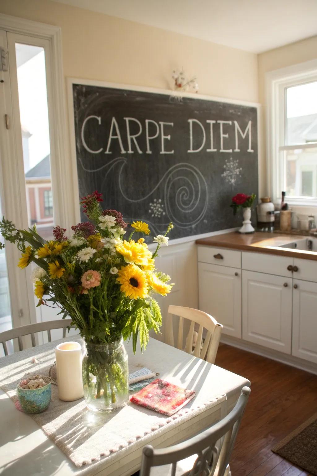 A kitchen chalkboard wall showcasing the quote 'Carpe Diem'.