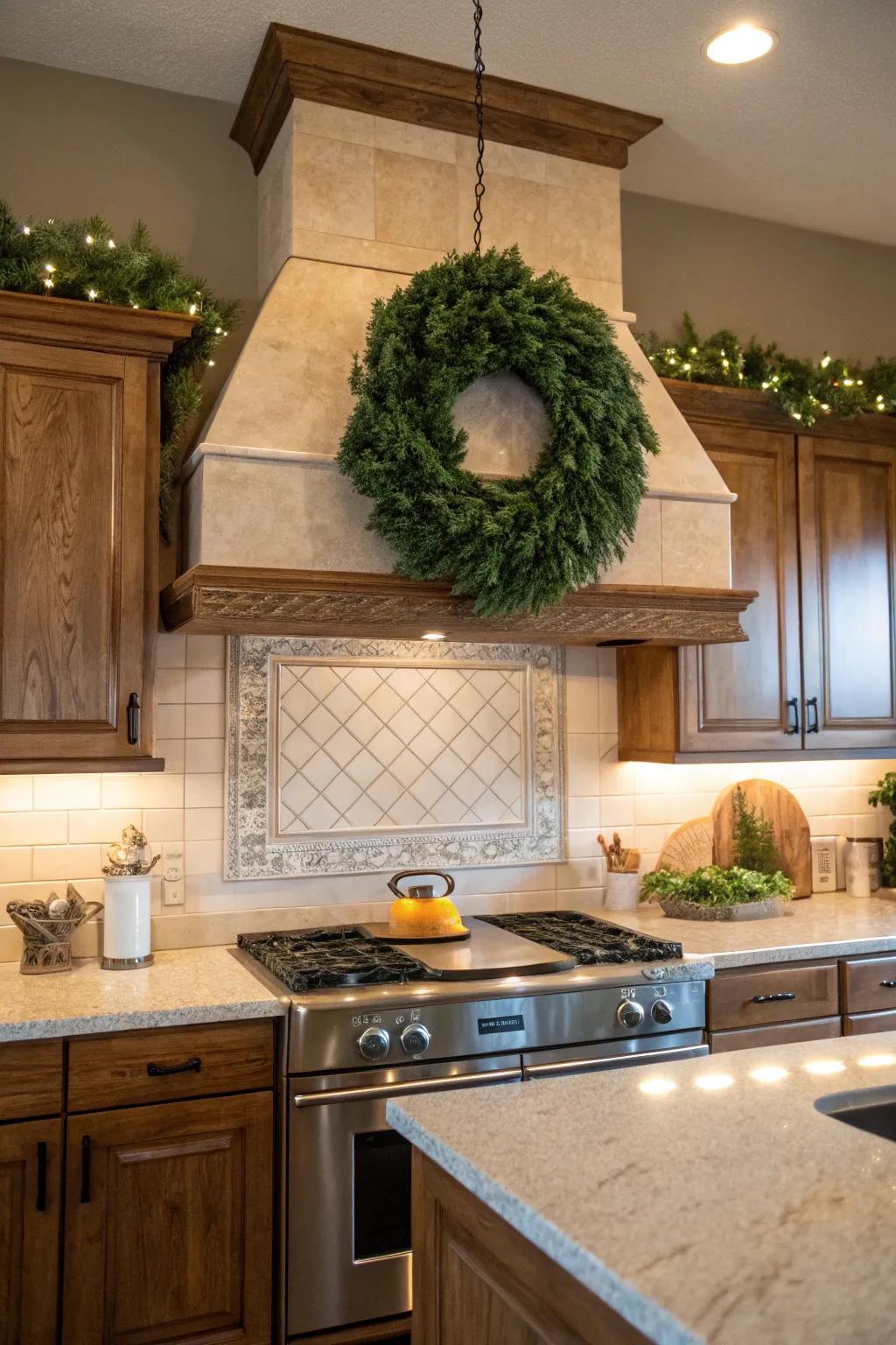A green wreath adds a festive touch to the kitchen.