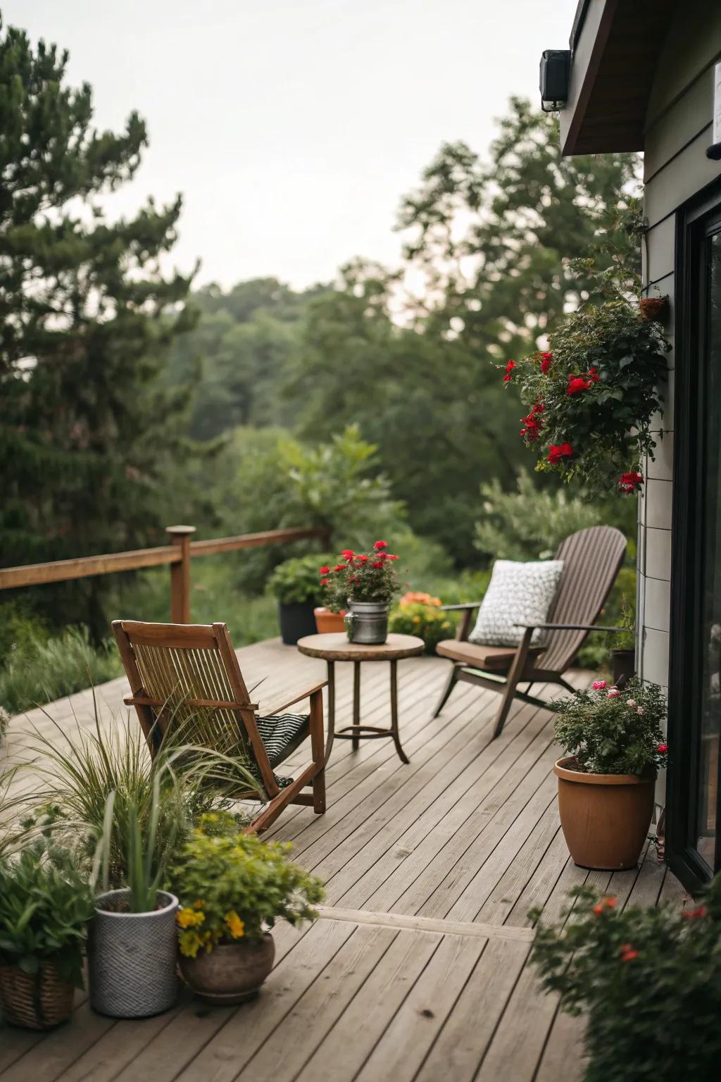 A simple wooden deck complemented by lush potted plants creates a tranquil outdoor haven.