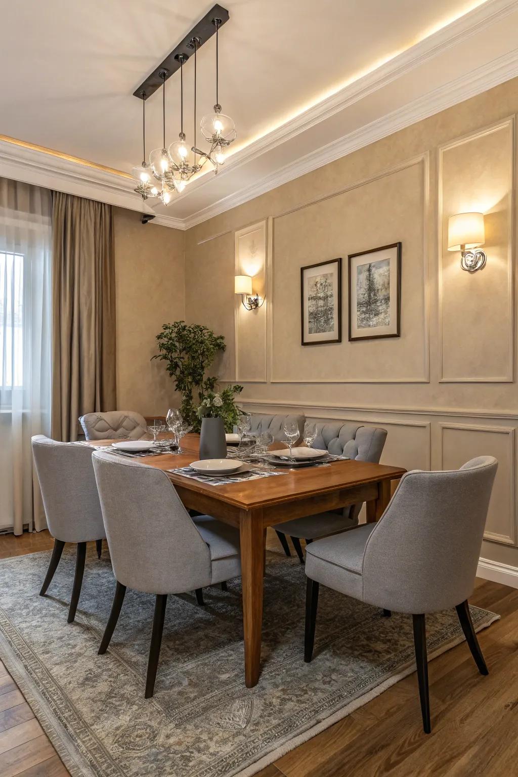 Neutral colors offer a peaceful equilibrium to this eating space.