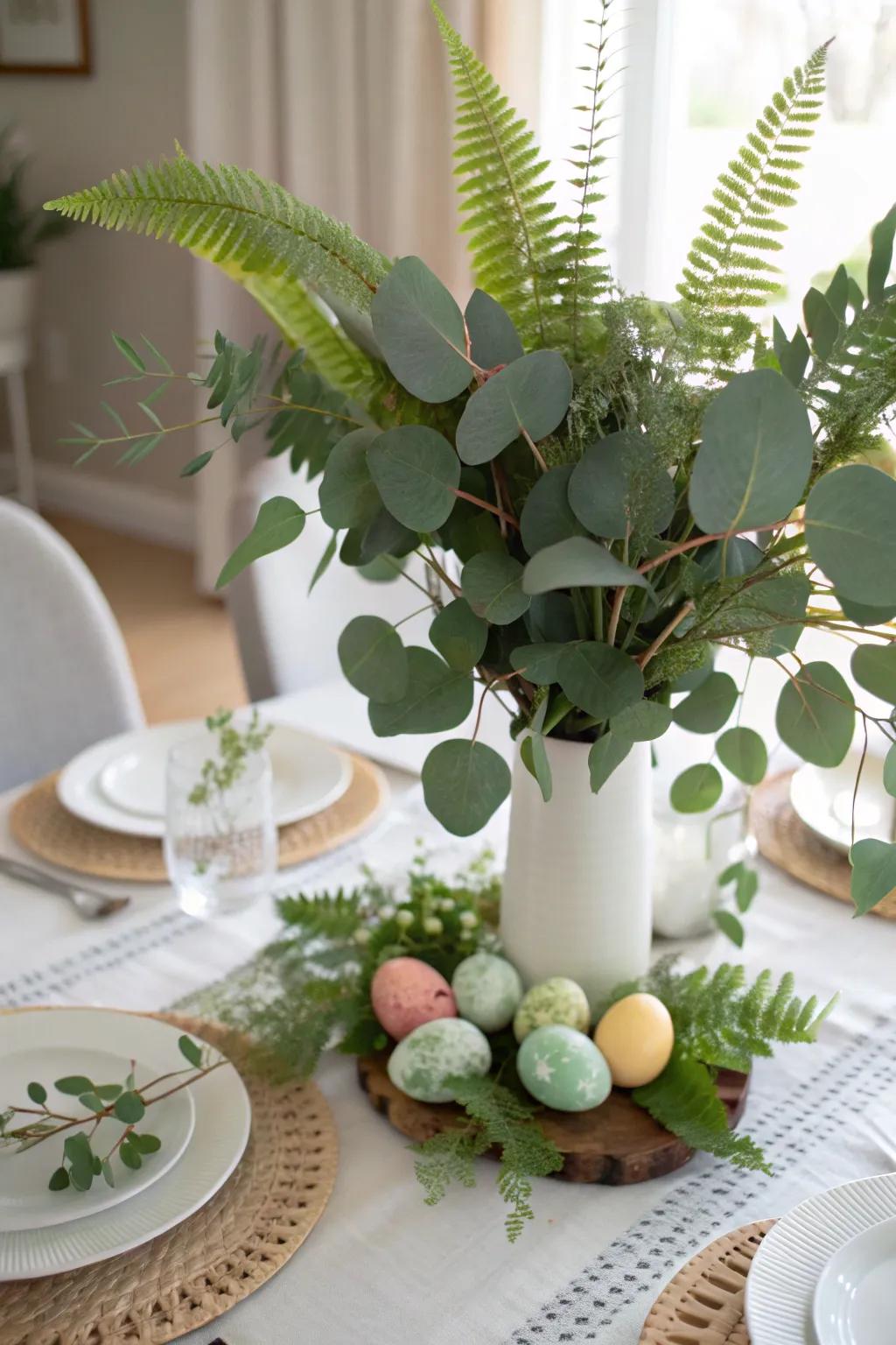 Eucalyptus and fern foliage compose a natural table focal point.
