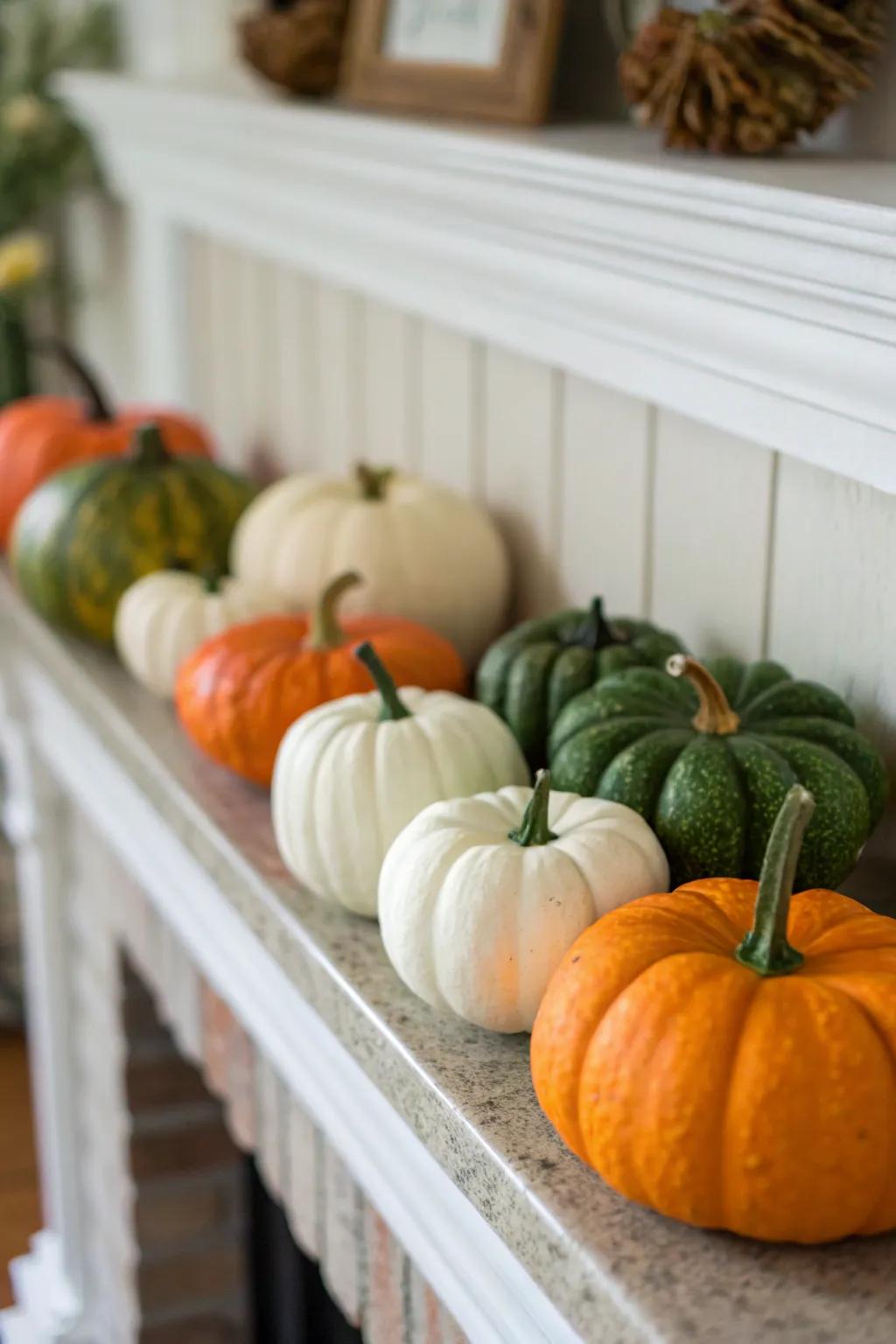 An enchanting collection of miniature gourds adorning the mantel.