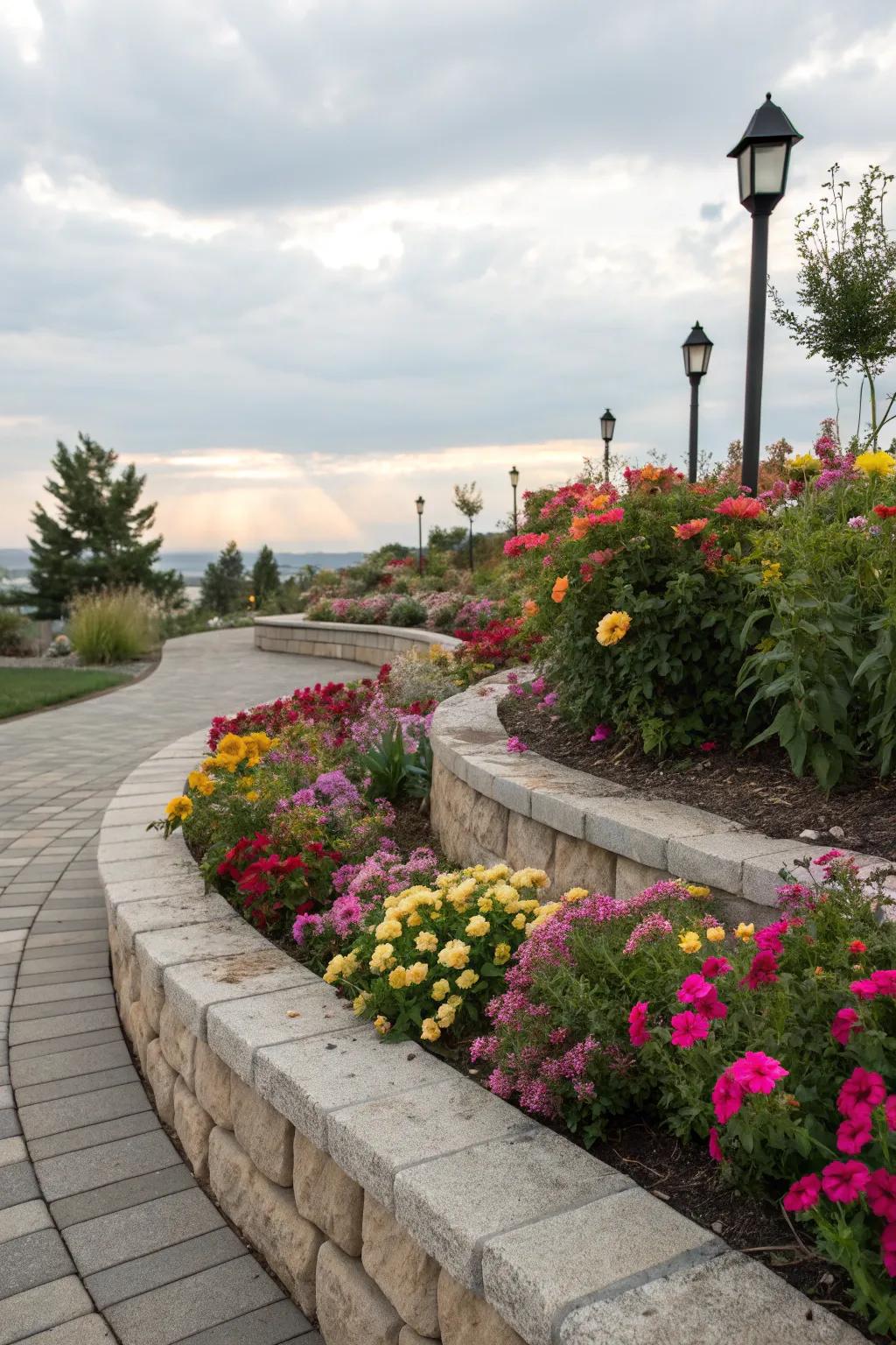 Curved stone borders bestow upon this flower bed an organic and flowing aesthetic.
