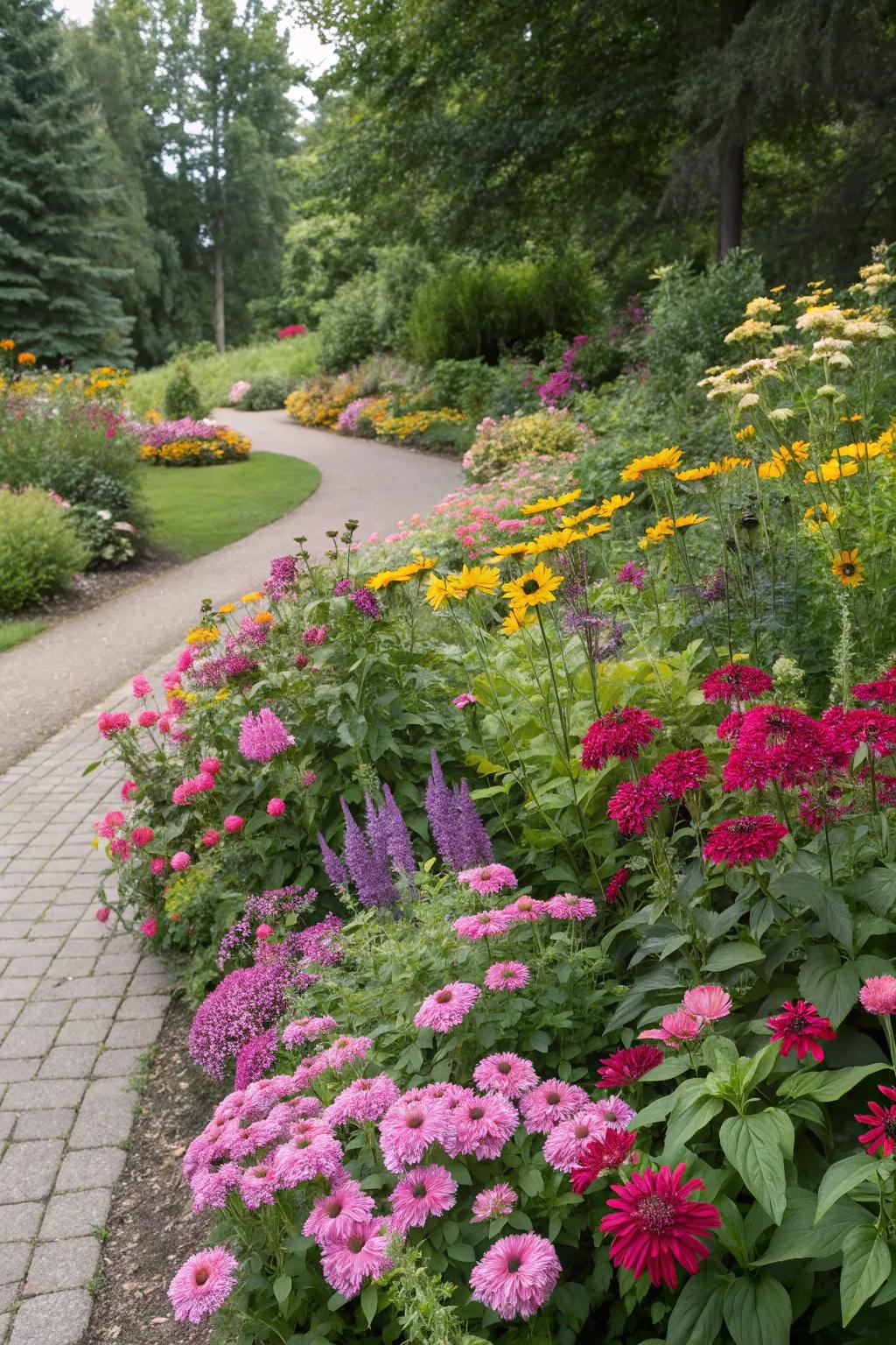 A colorful flower bed featuring a mix of perennials and annuals.