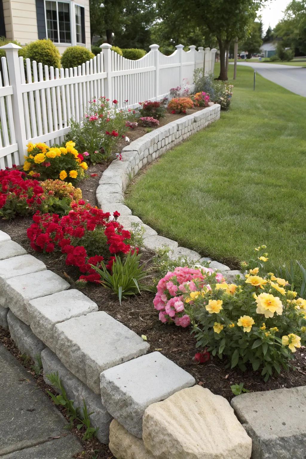 Sharp edging with stones results in an orderly flower bed.