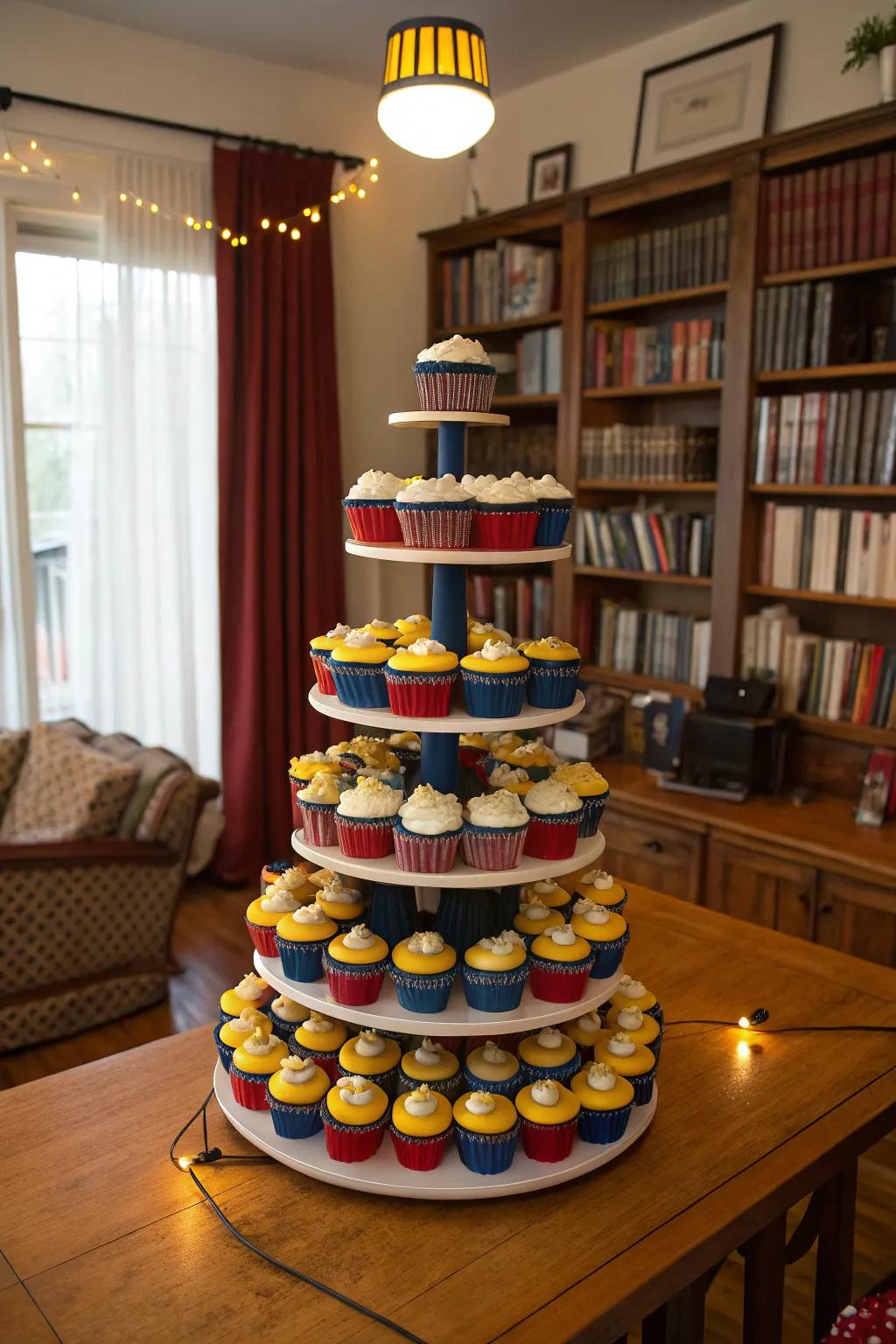 An impressive cupcake display in school colors, ideal for a graduation party.