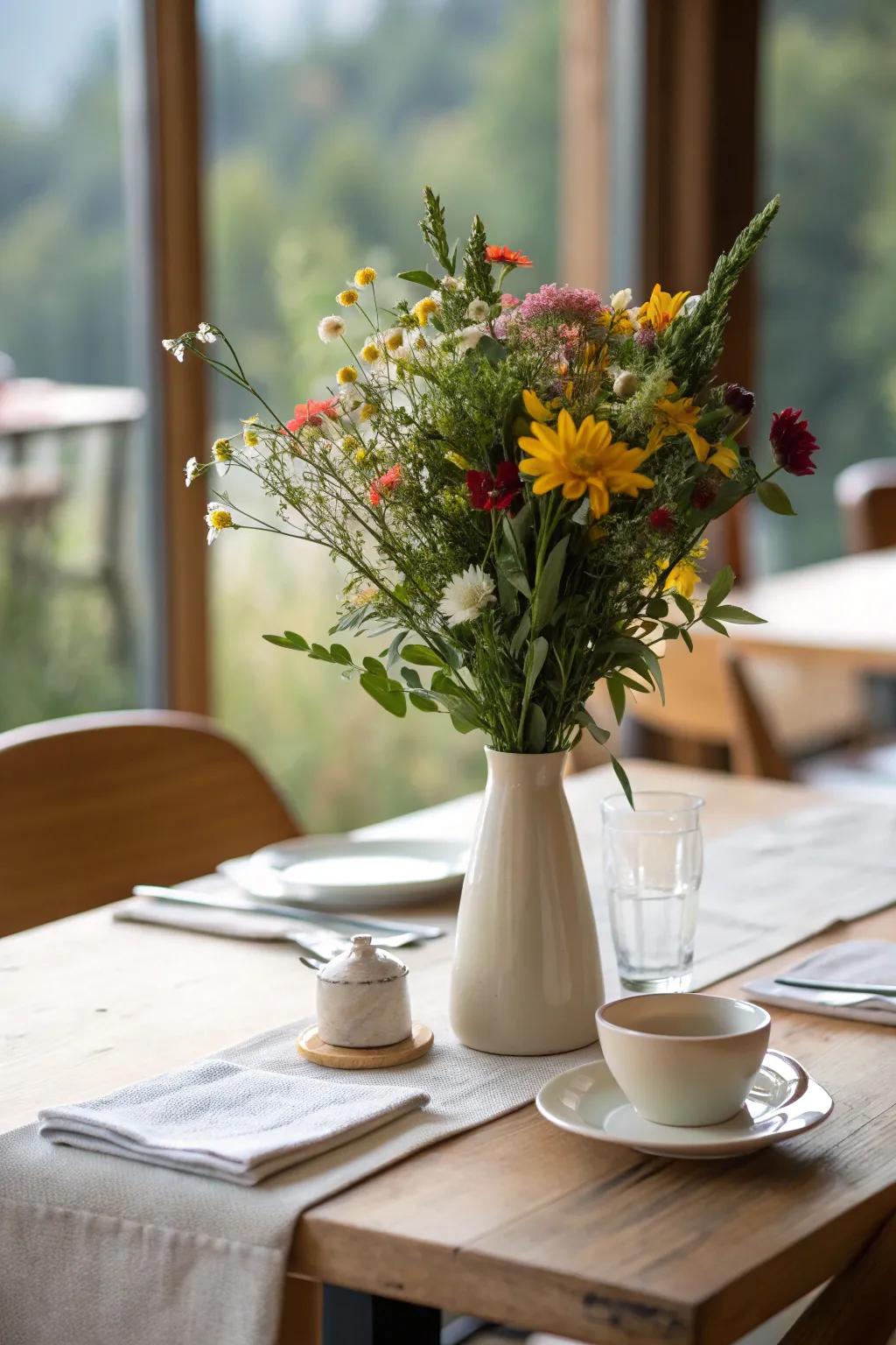 A lively touch is added to the lunch table by a fresh floral centerpiece.