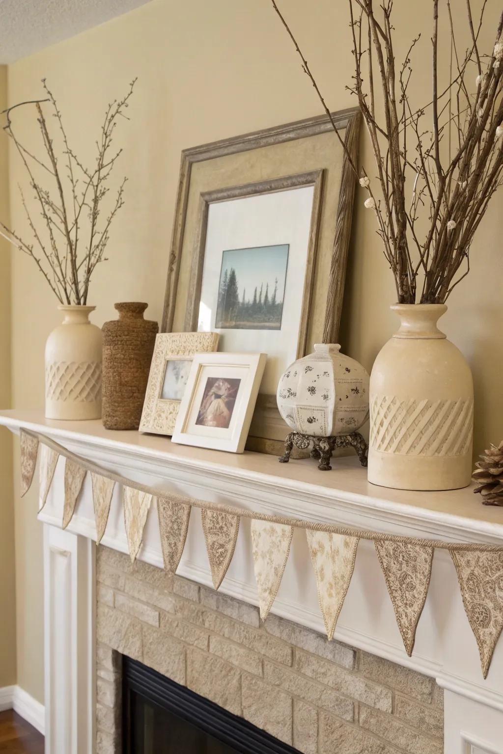 A neutral mantel effortlessly harmonizes with its surrounding decor.