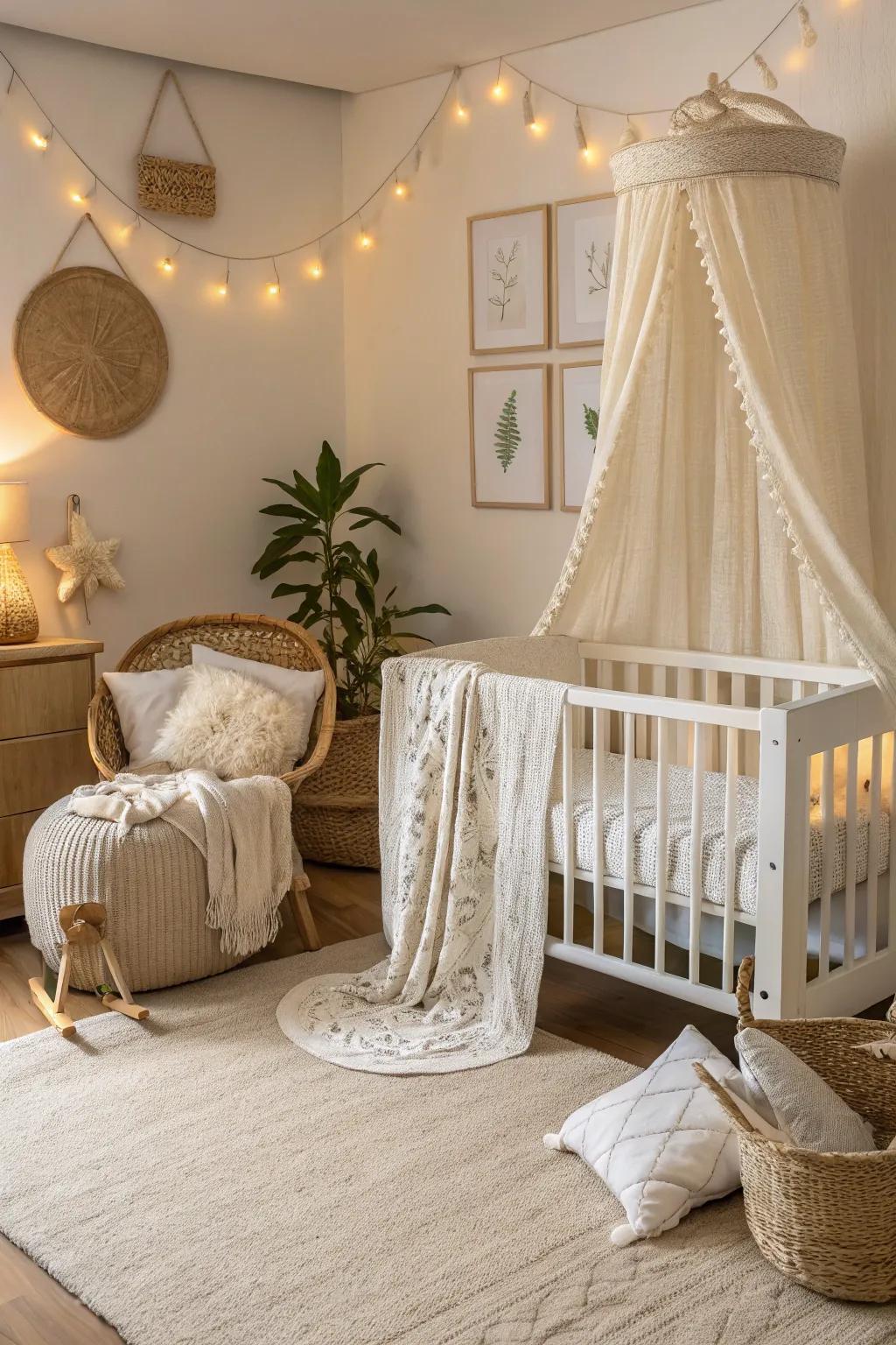 A soothing spectrum of cream and ivory establishes a serene setting.