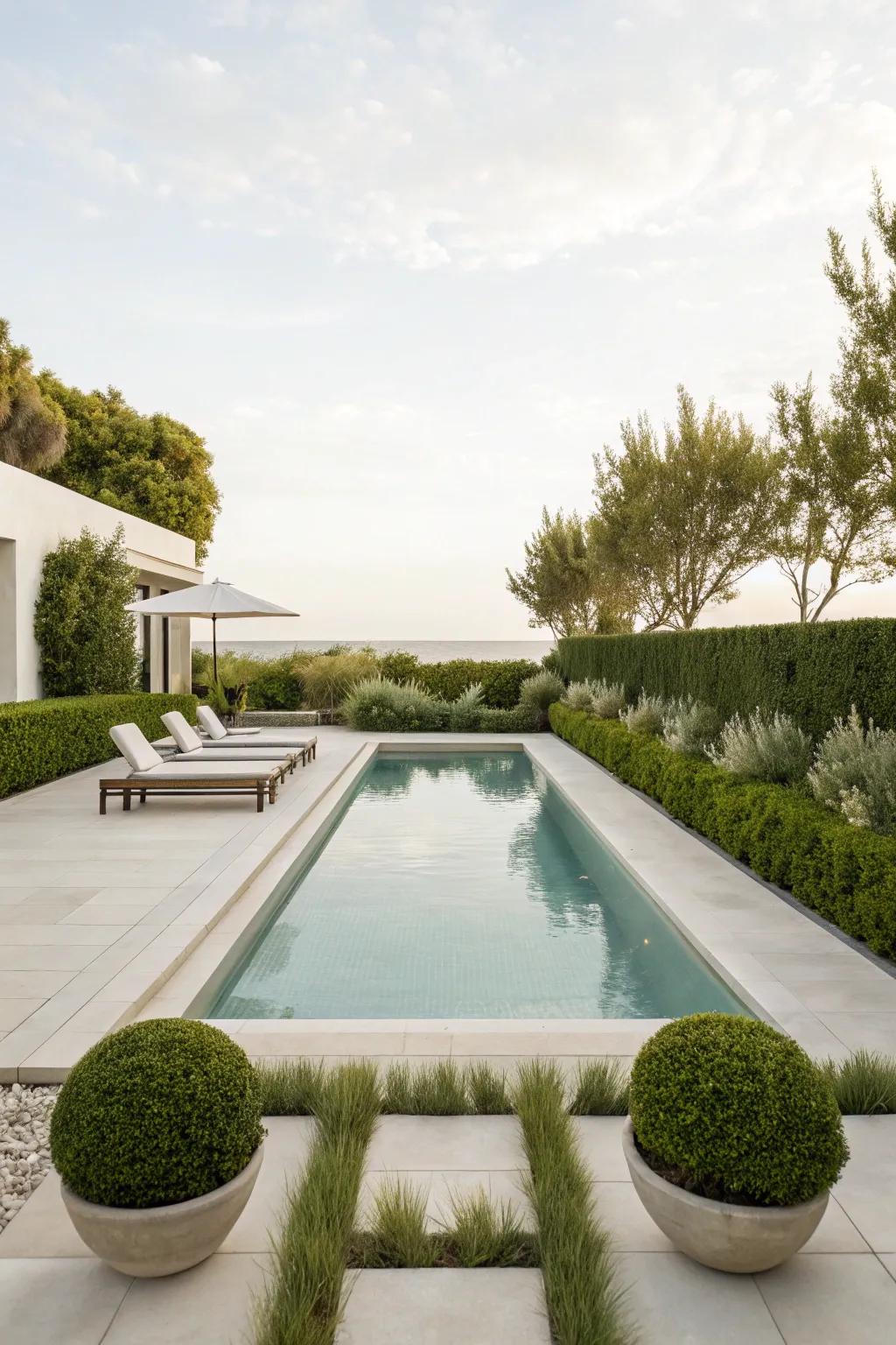 A streamlined poolside design emphasizing simplicity and grace.