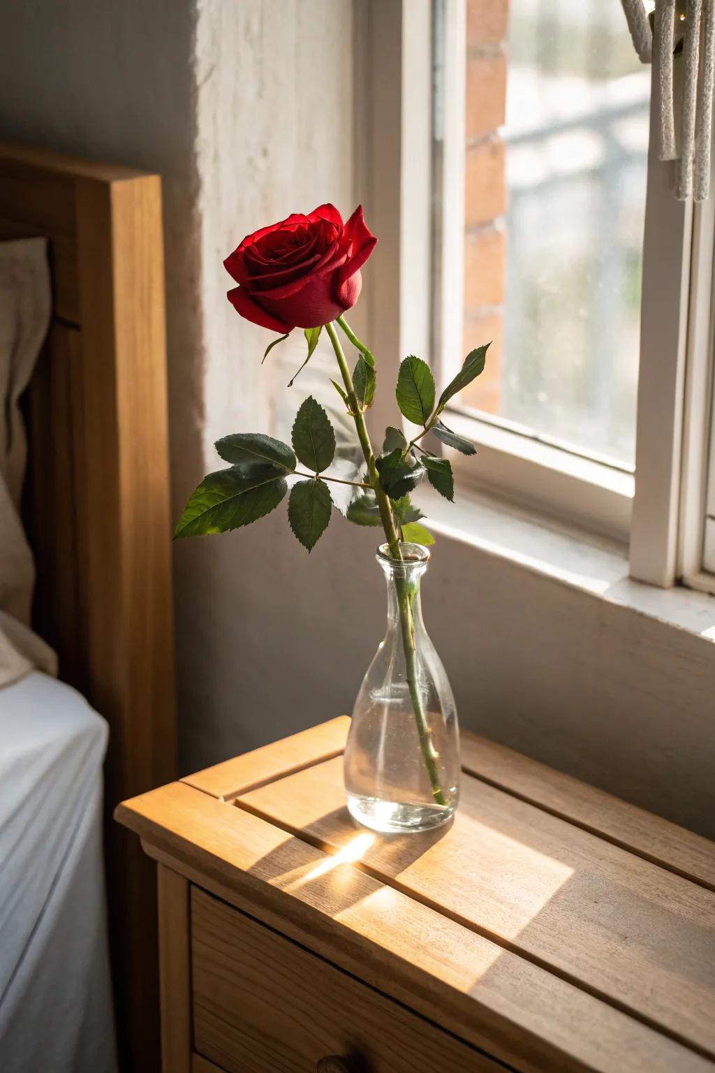 A solitary red rose in a vase, exemplifying minimalist charm.