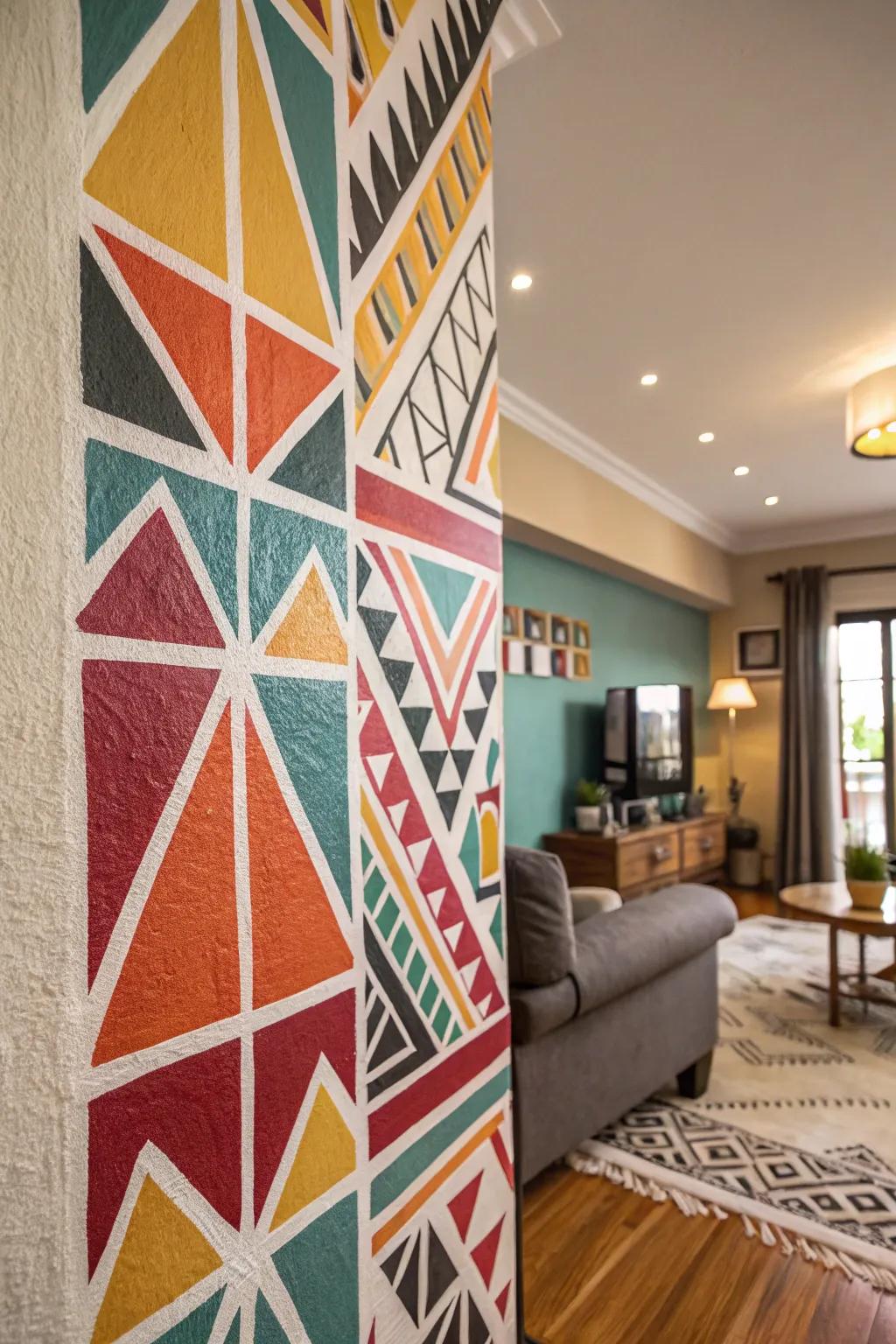 Geometric patterns lend a contemporary feel to your living room walls.