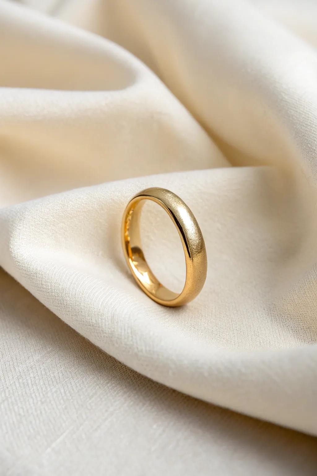 A polished, timeless understated gold circle rests serenely on soft material.