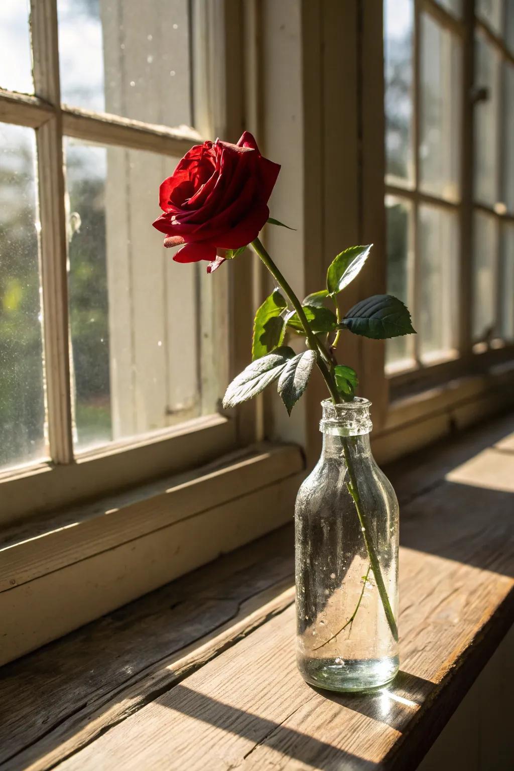A single rose displayed in a glass bottle radiates timeless vintage charm.
