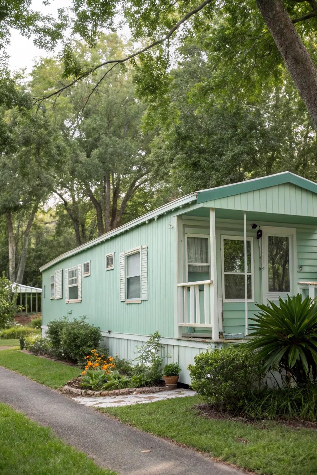 Soft pastels fill your mobile home's outside with life, giving a fresh and inviting appearance.
