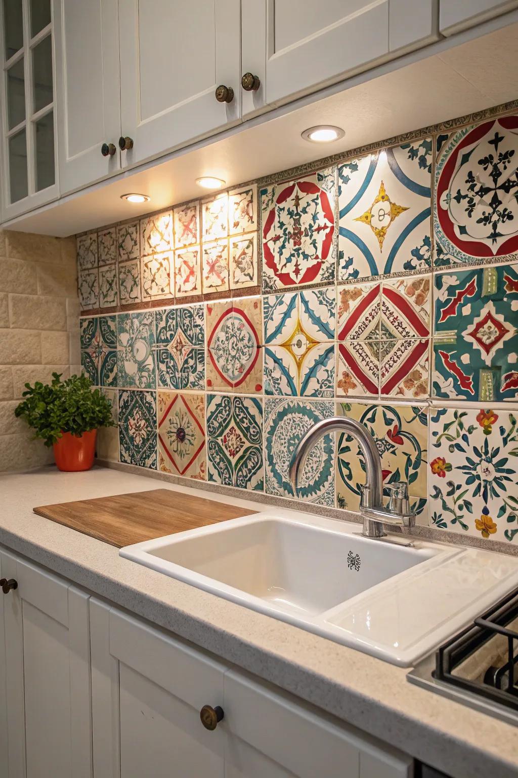 A lively backsplash featuring intricate patterned tiles brings a unique flair to the kitchen.