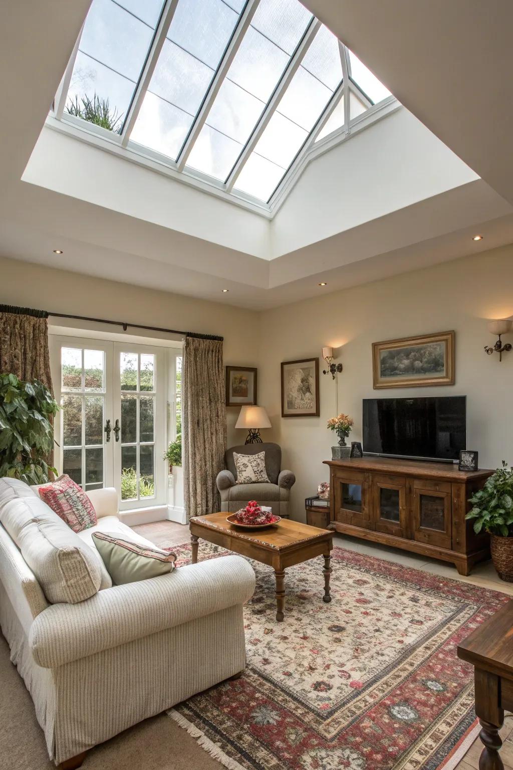 A comfy living room aglow with a spacious skylight.