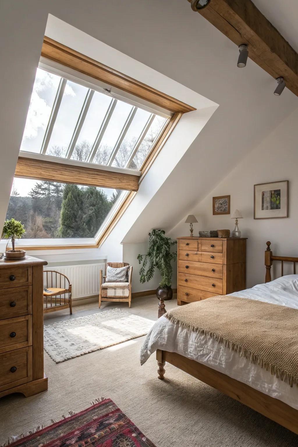 An attic bedroom is illuminated with the help of a big skylight that lets natural light flood into the space.