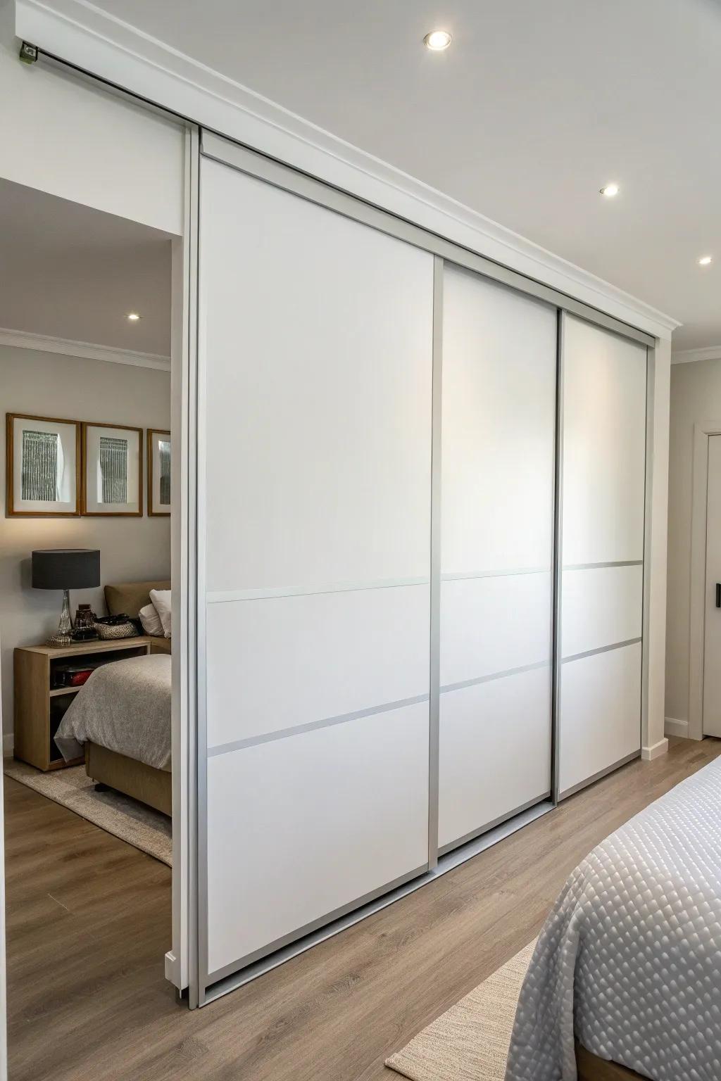 Pure white minimalist sliding closet doors deliver an elegant touch.
