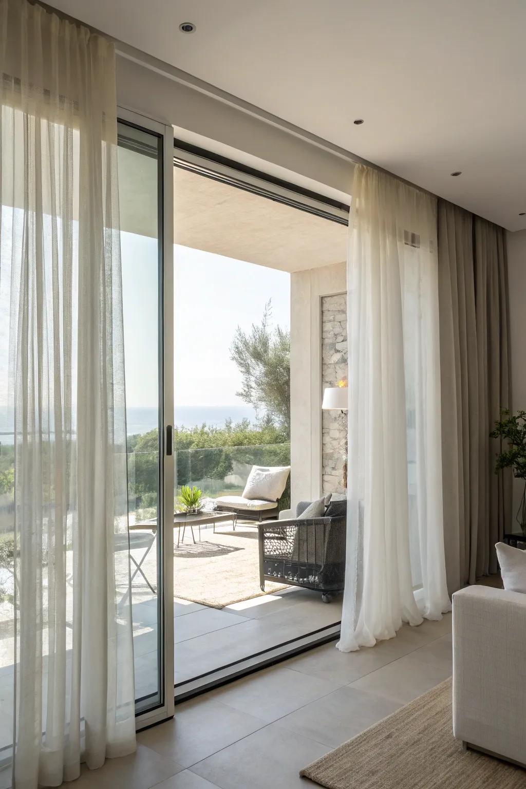 Use layered see-through and solid curtains for elegance and flexibility.