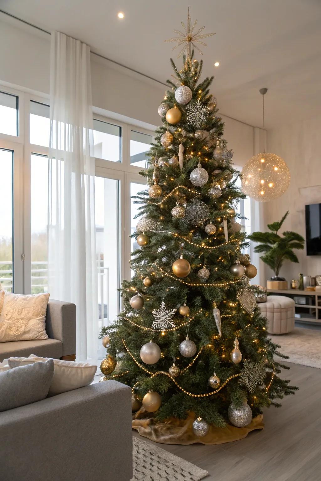 Shimmering ornaments bring an air of elegance to a slender Christmas tree.