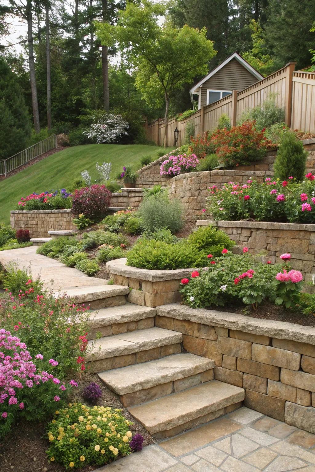 Tiered platforms establish distinct garden areas on an incline.