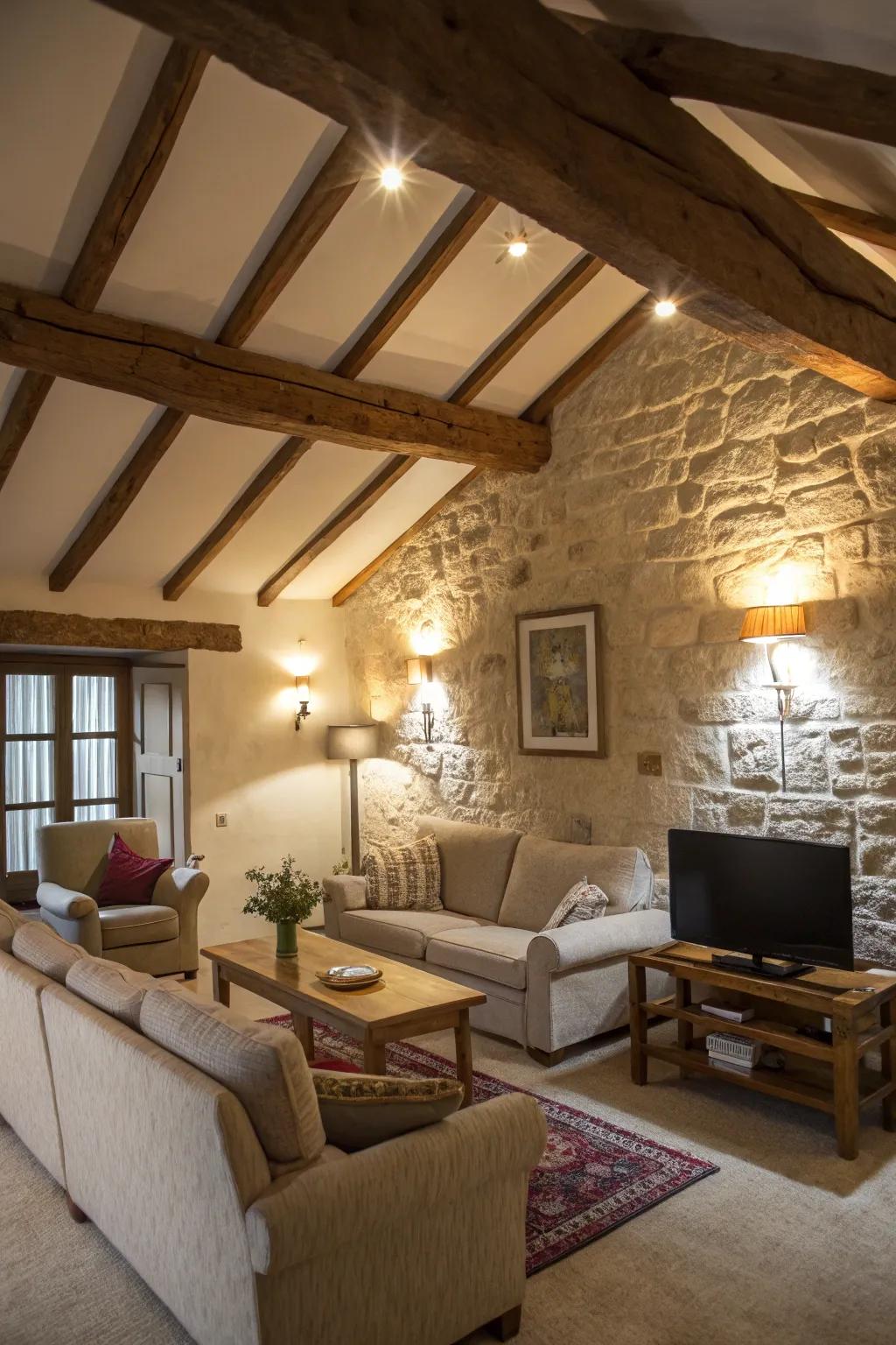 Craft a cozy ambiance by spotlighting the beauty of exposed beams.