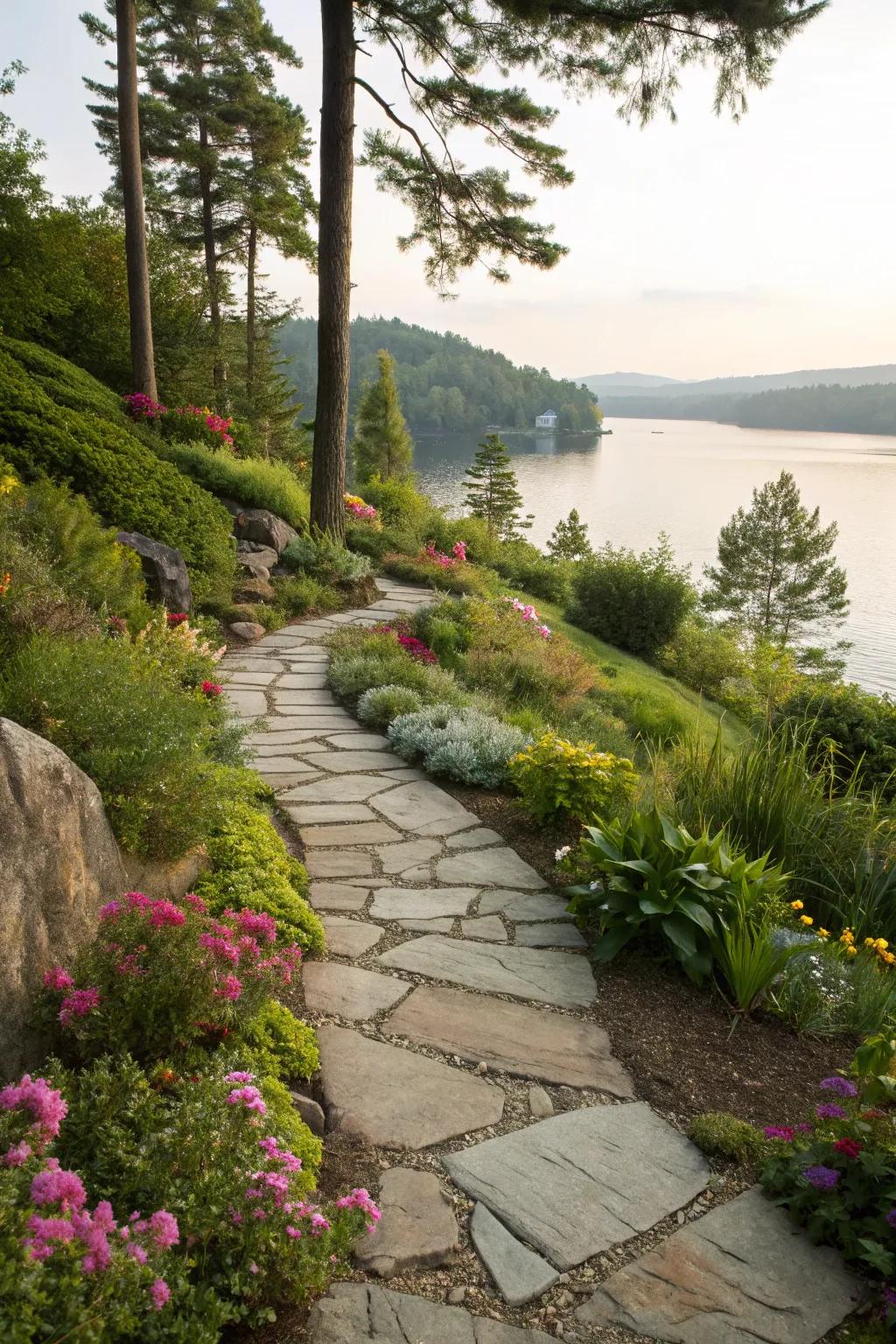 An inviting stone path meanders through a peaceful lakefront garden.