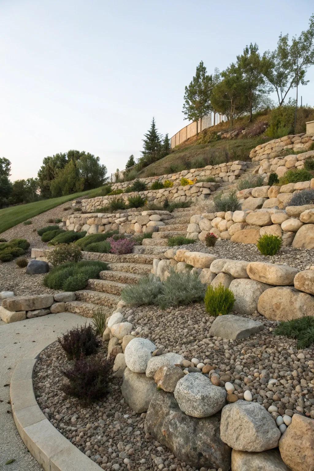 Natural stones craft a terraced effect on a sloped garden.