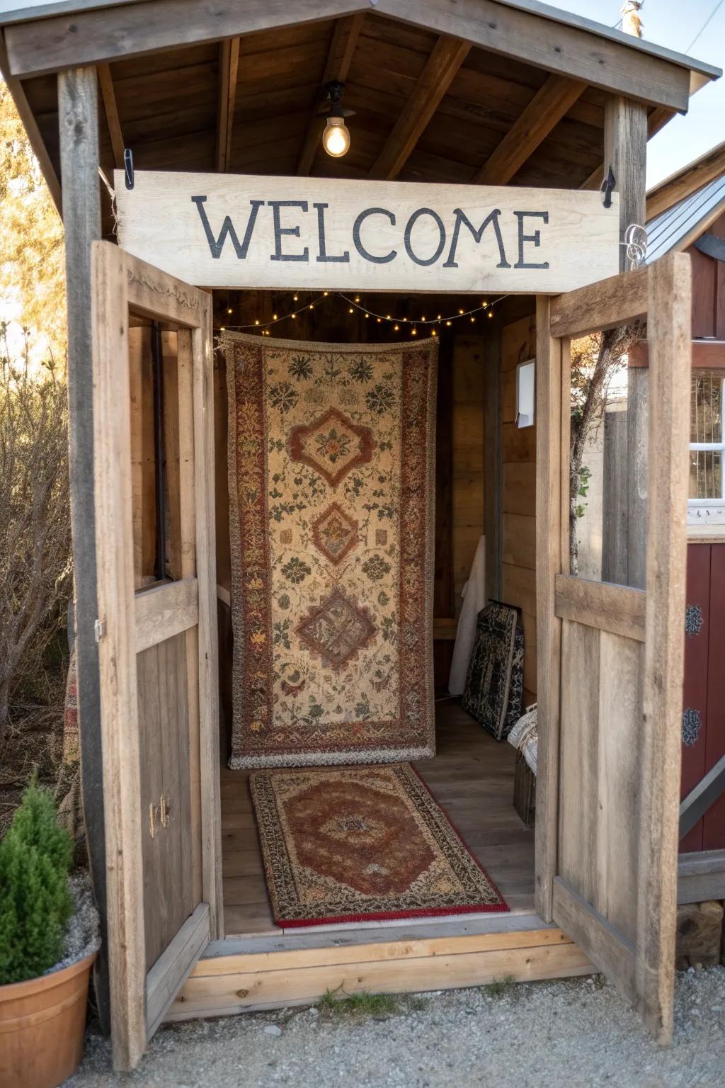 A welcoming entryway with a classic floor covering and hand-painted sign