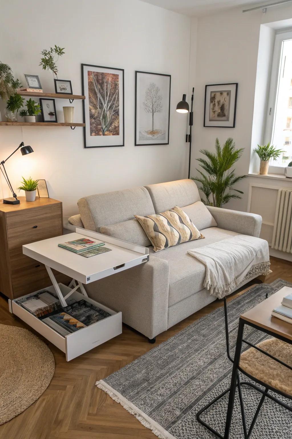 A pull-out couch and expanding table enhance usefulness in a small apartment.