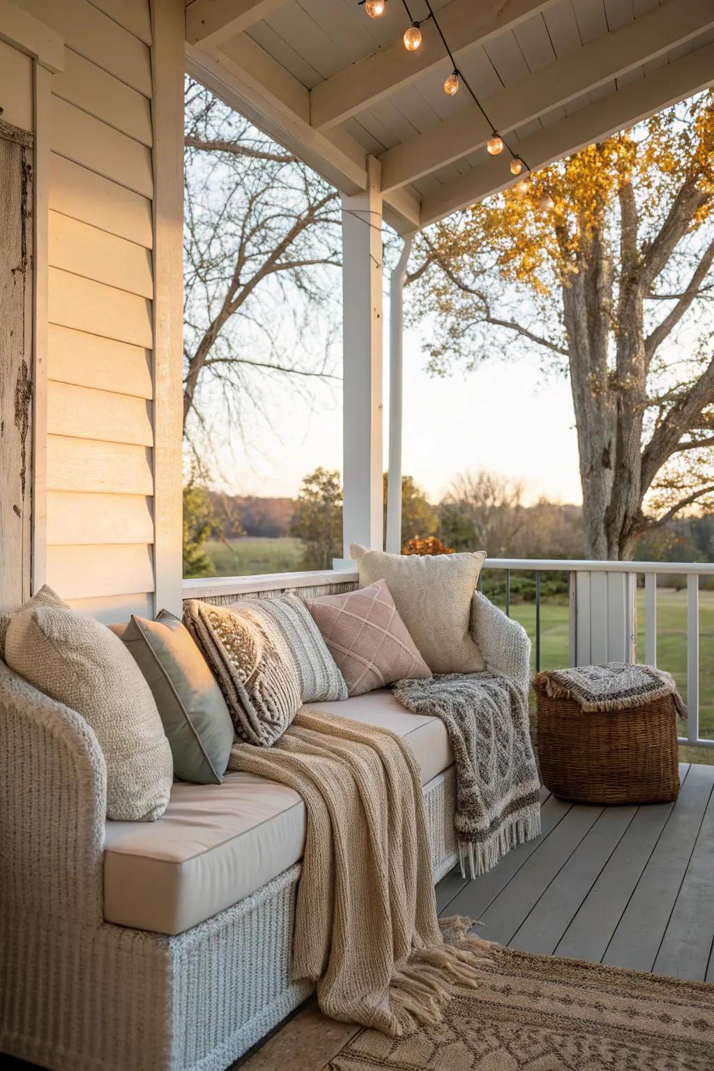A comfortable seating area on a modest back porch with welcoming cushions and throws.