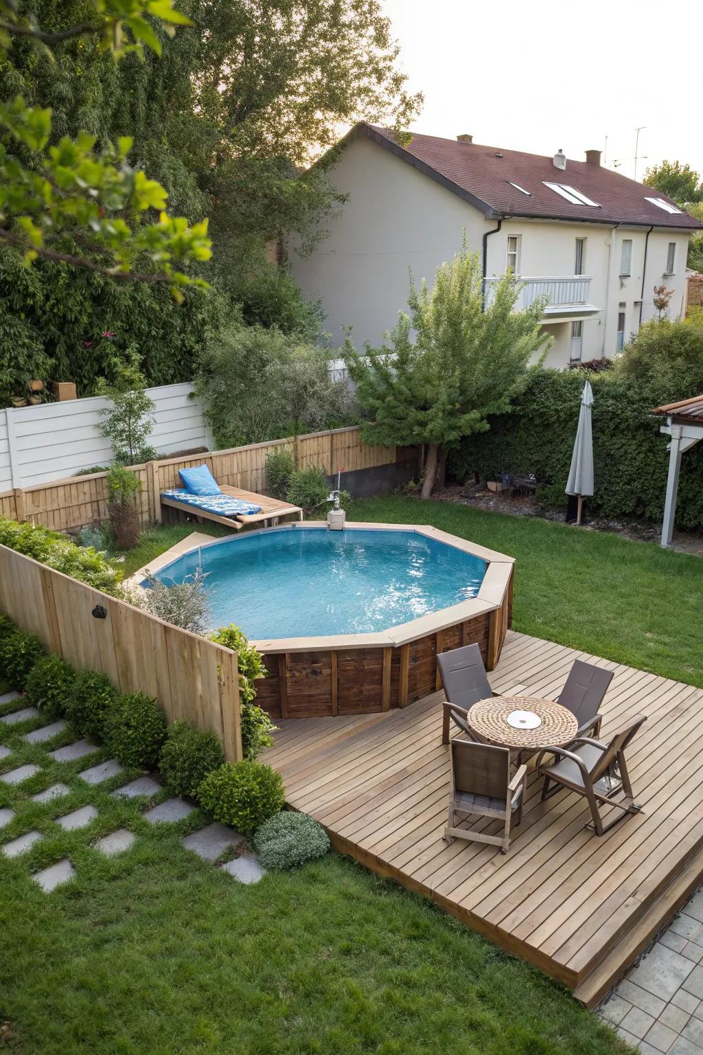 A delightful timber deck hugging an above-ground pool, offering a cozy and welcoming vibe.