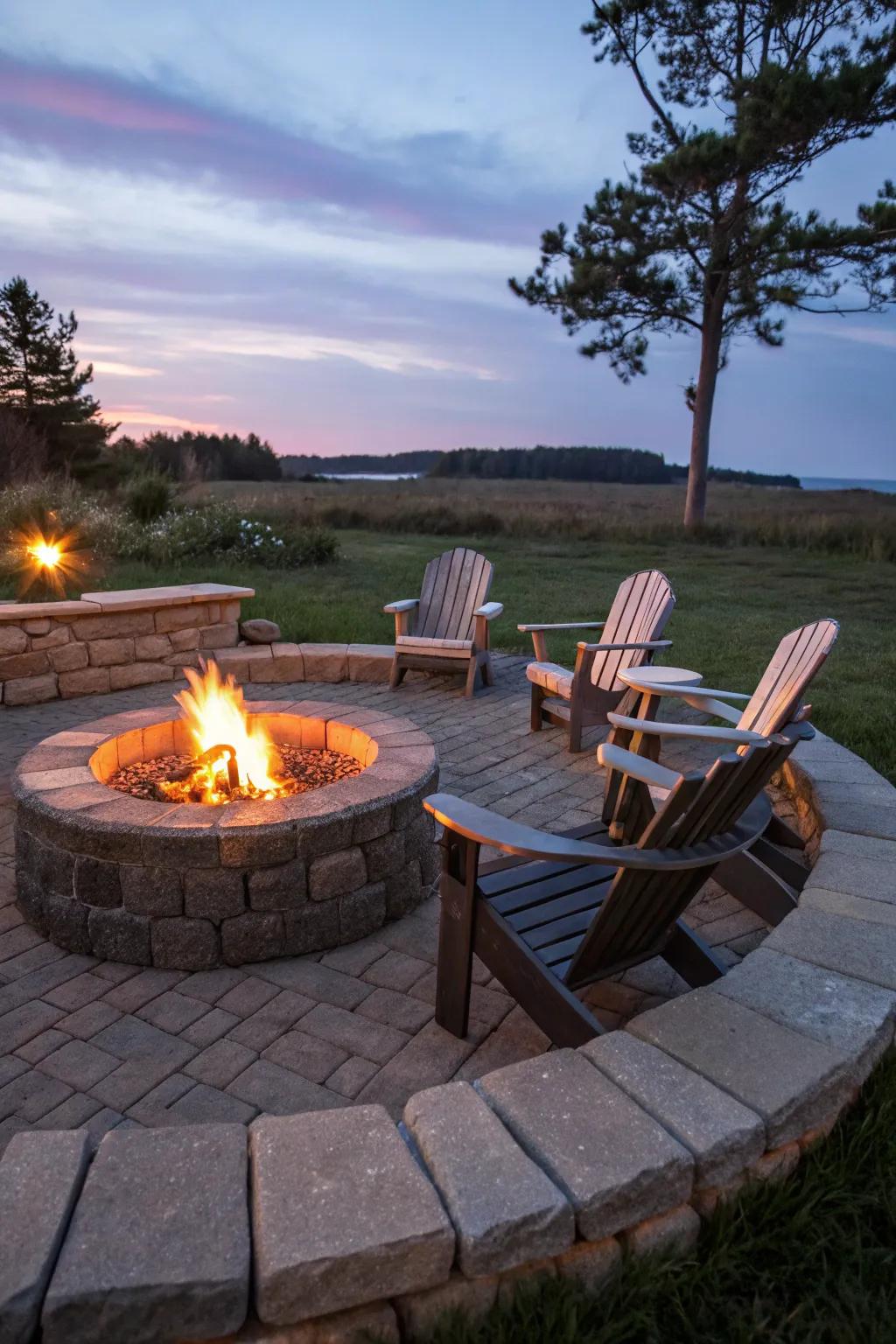 A quintessential circular stone hearth paired with high-back chairs for a timeless allure.