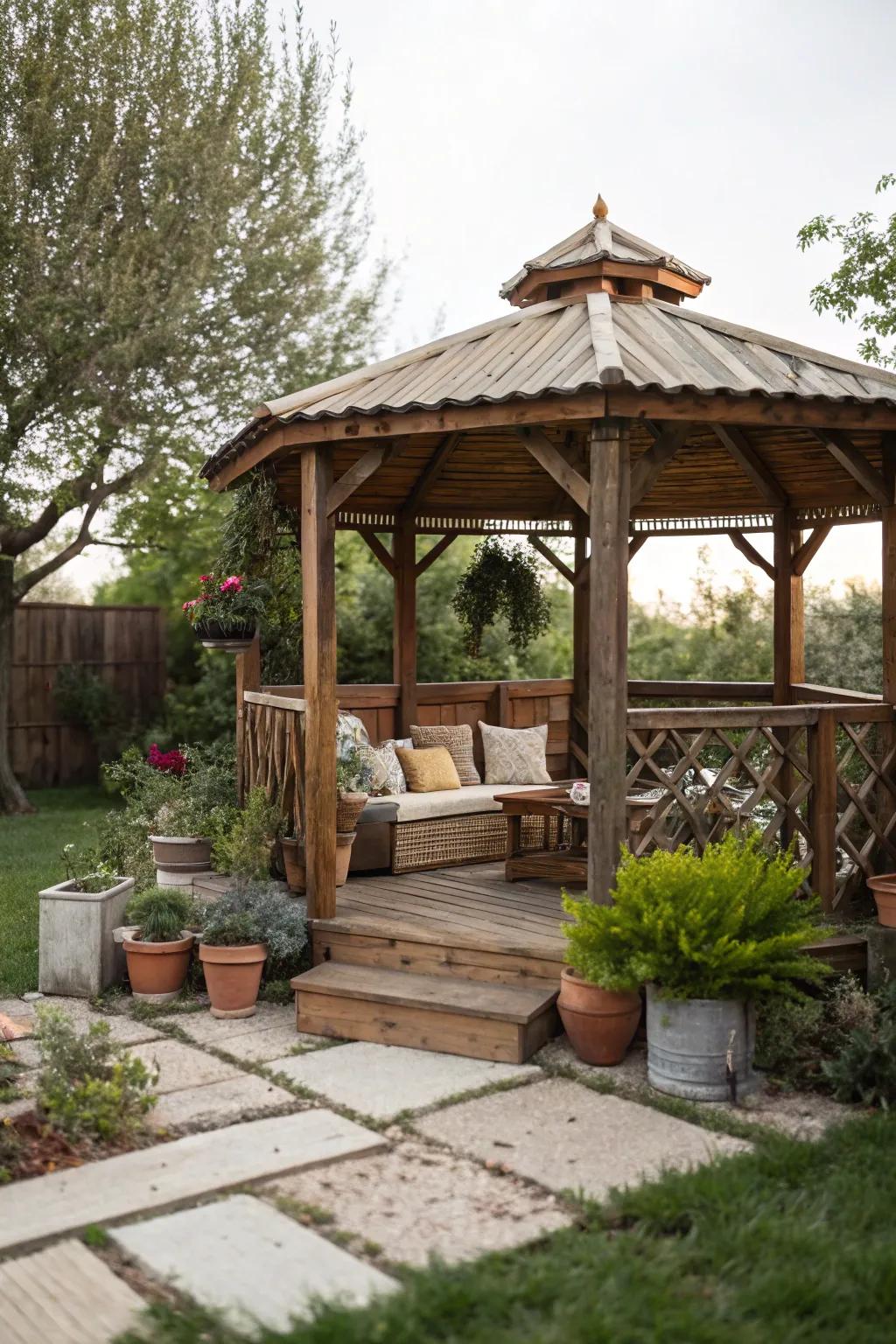 A country-style wood arbor creates an inviting and pleasant area.