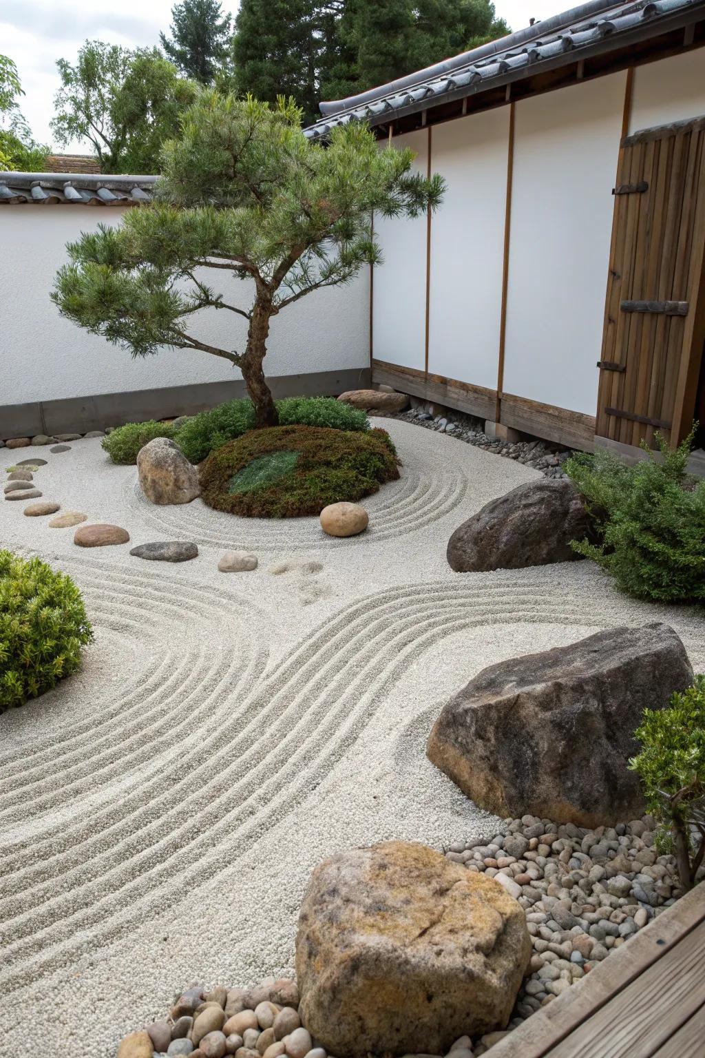 A small zen garden showcases beautifully patterned gravel and decorative stones.