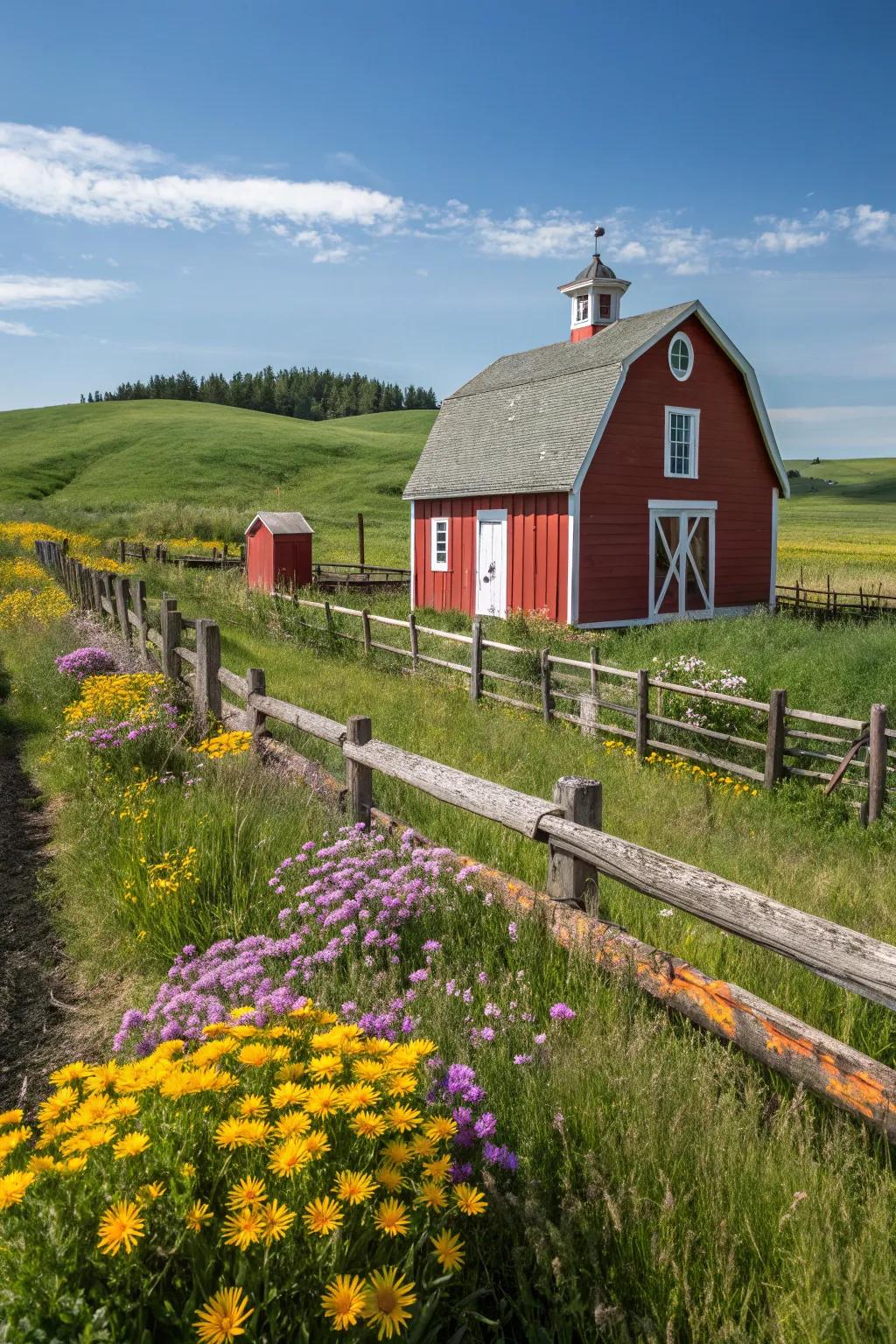 A classic red barn with charming white accents.