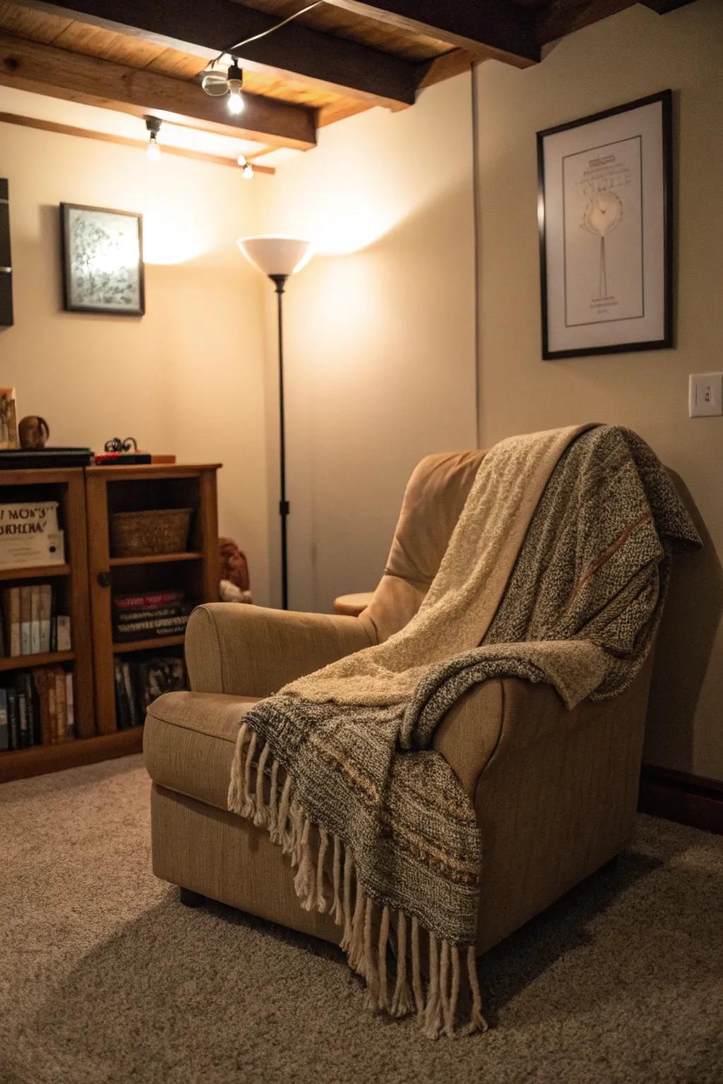 A snug retreat perfect for reading and relaxing in your basement.