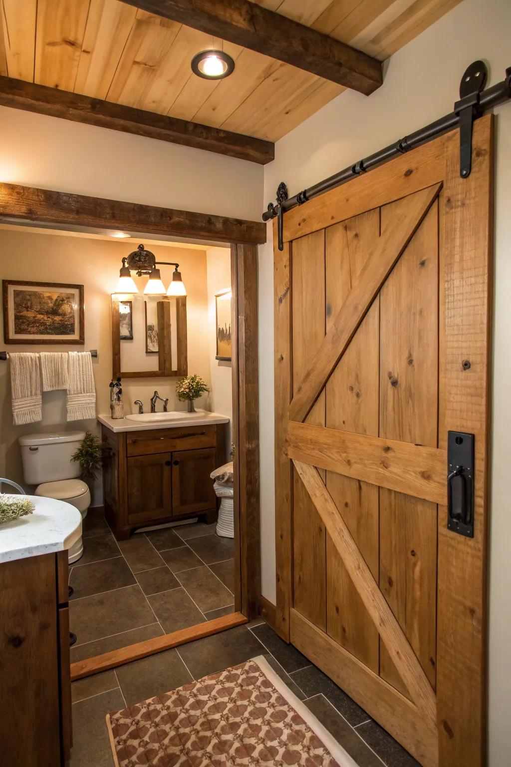 A sliding barn door contributes rustic appeal to a compact bathroom.